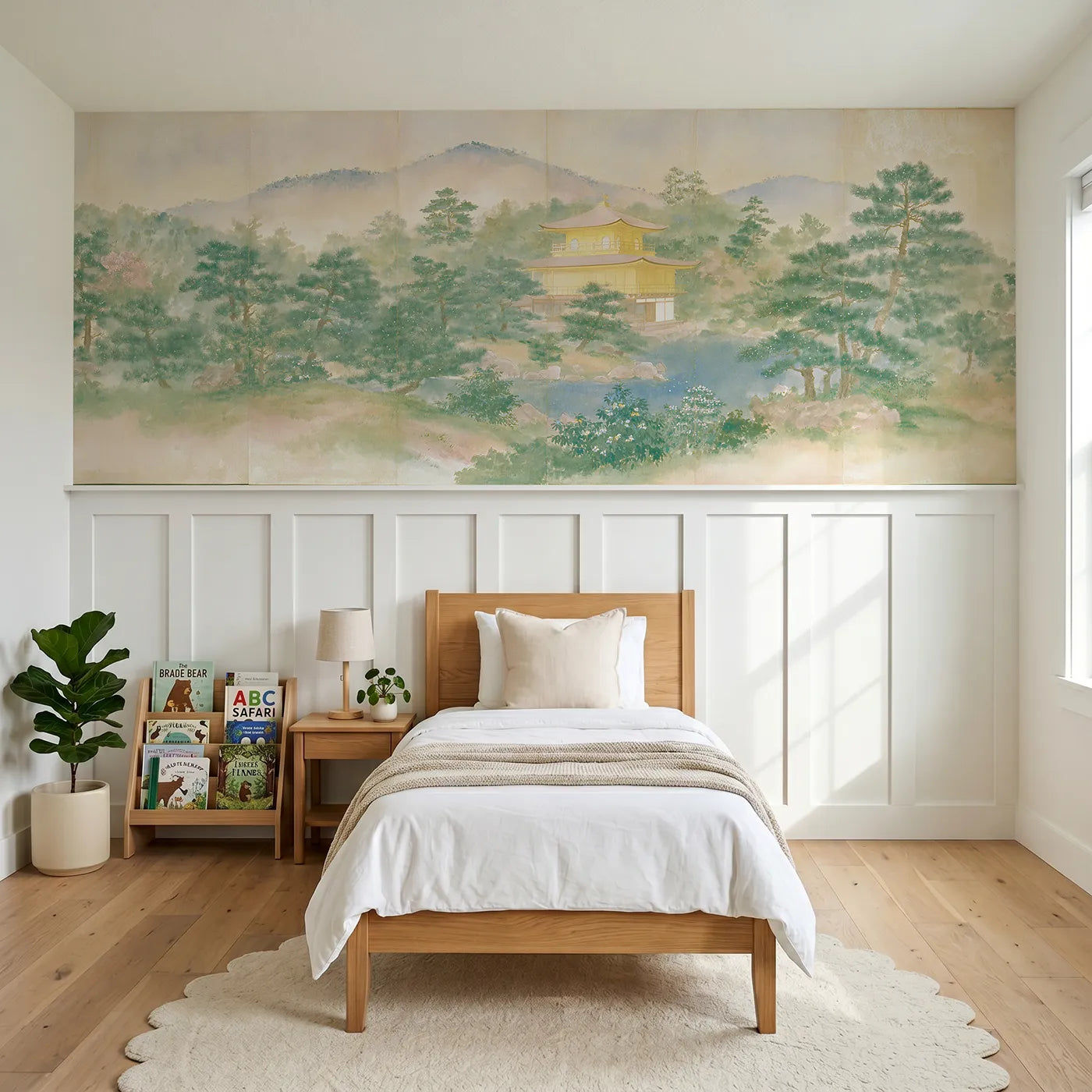 Soft pastel wainscoting wallpaper of a pavilion among dark pines by Whimsy Tots