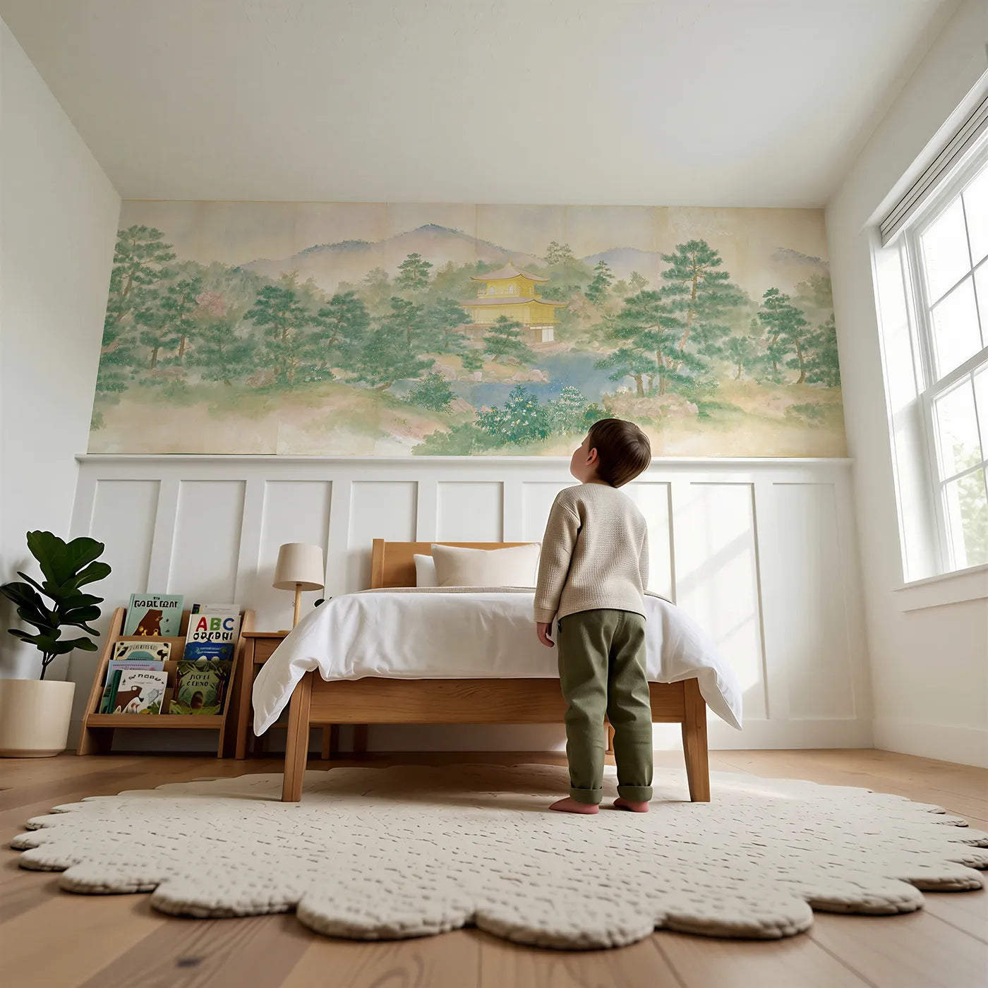 Child reading near Pavilion Among The Pines Wainscoting Wallpaper by Whimsy Tots