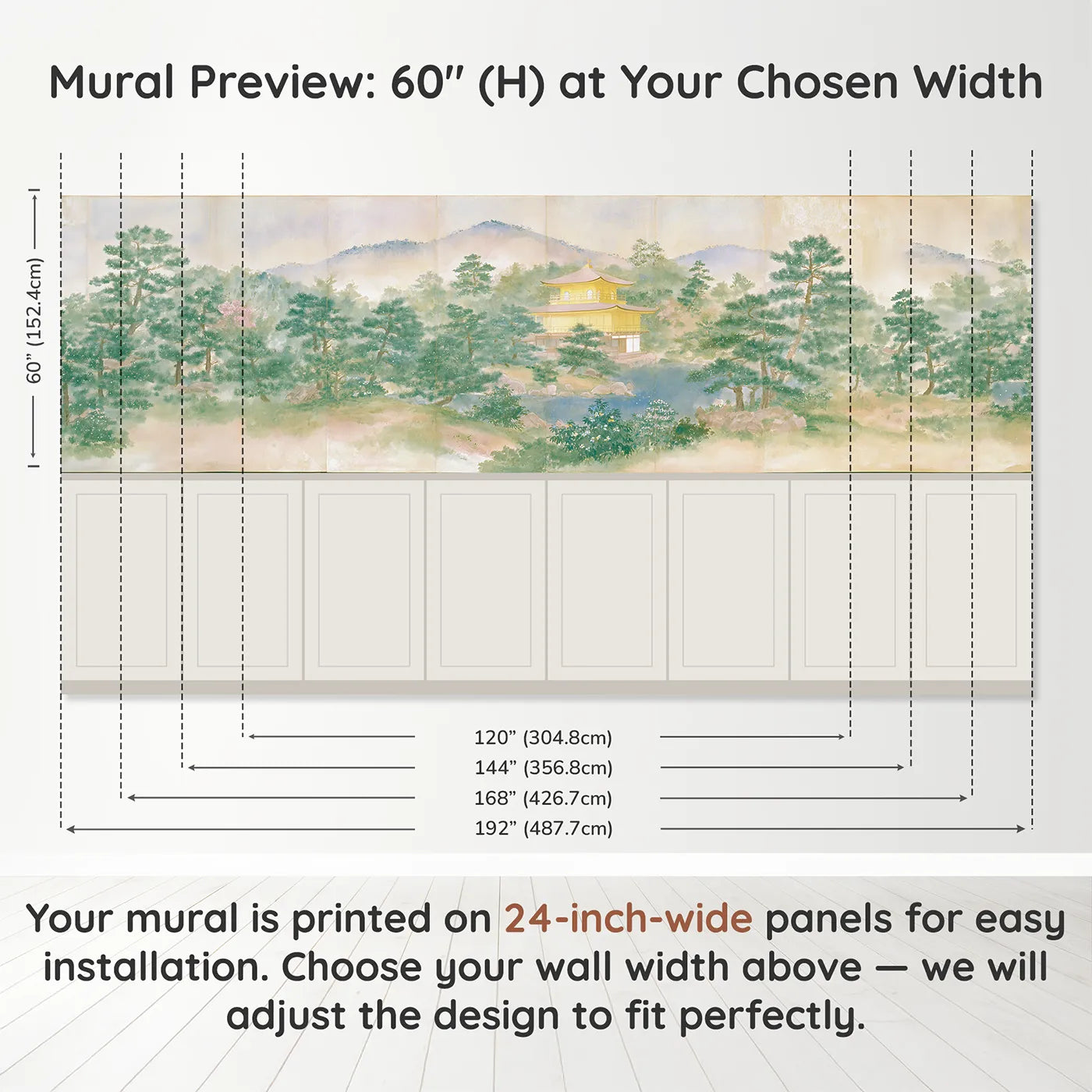 Panel dimensions for Pavilion Among The Pines Wainscoting Wallpaper by Whimsy Tots