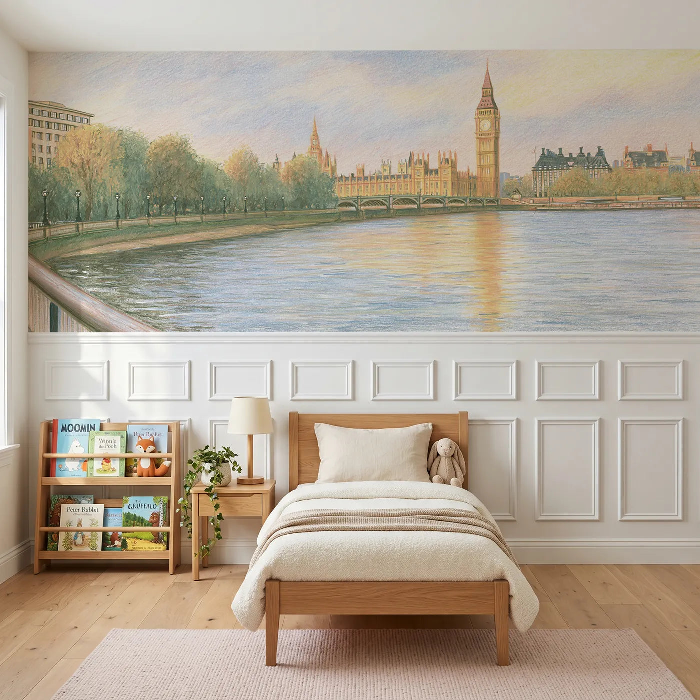 Colored pencil wainscoting wallpaper of Big Ben in soft rain by Whimsy Tots
