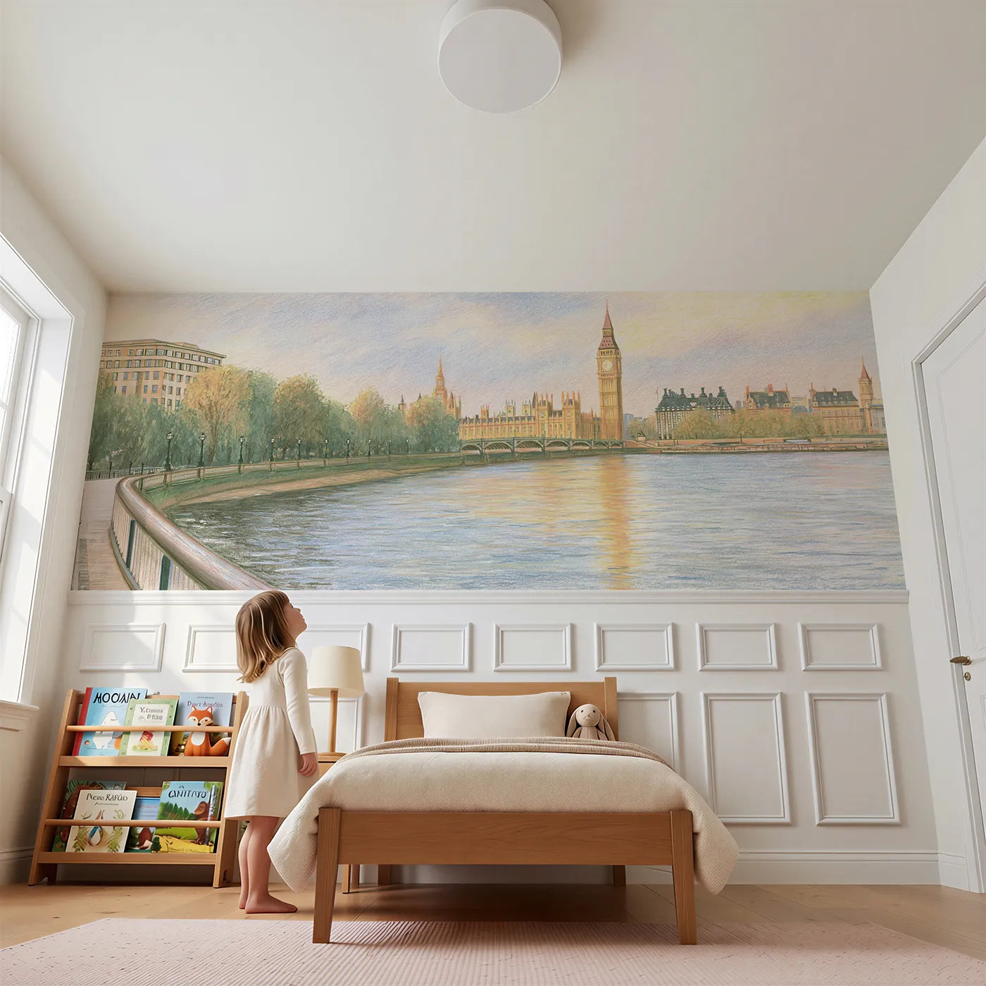 Child reading near Big Ben Soft Rain Wainscoting Wallpaper by Whimsy Tots