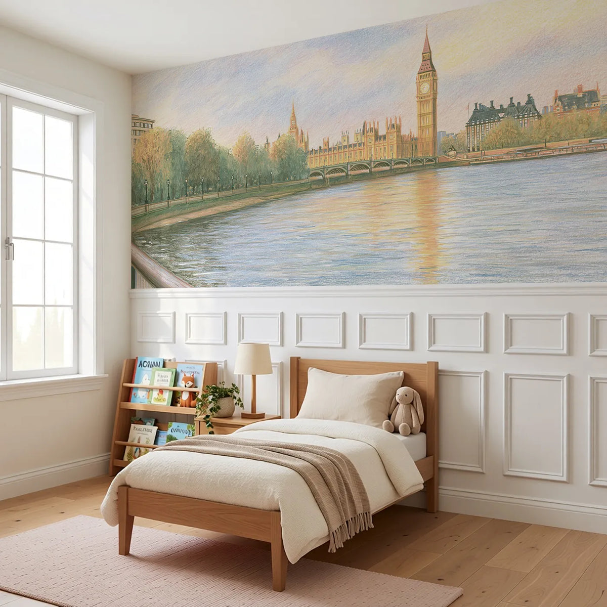 Big Ben Soft Rain Wainscoting Wallpaper styled in a kids room by Whimsy Tots