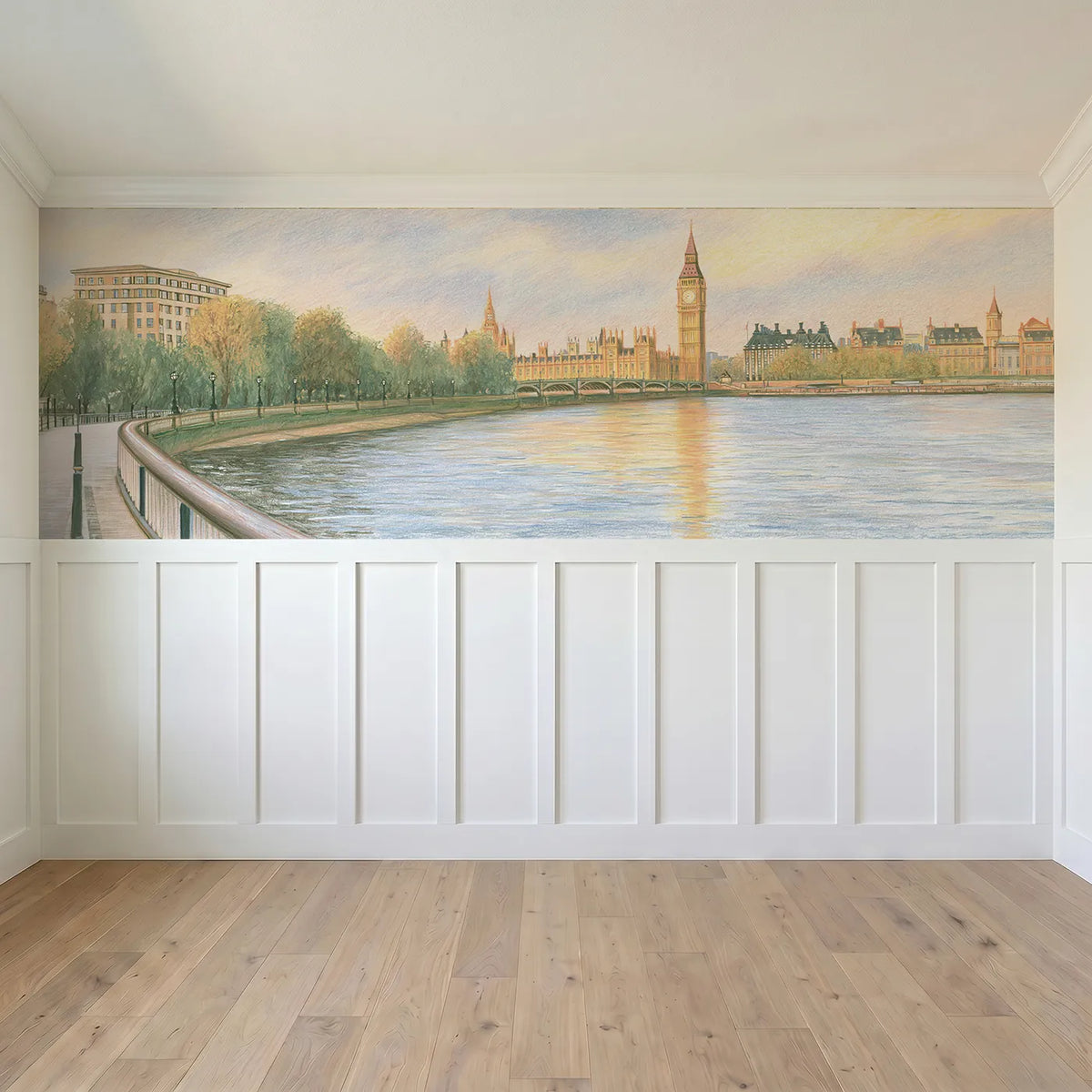 Full panel view of Big Ben Soft Rain Wainscoting Wallpaper by Whimsy Tots