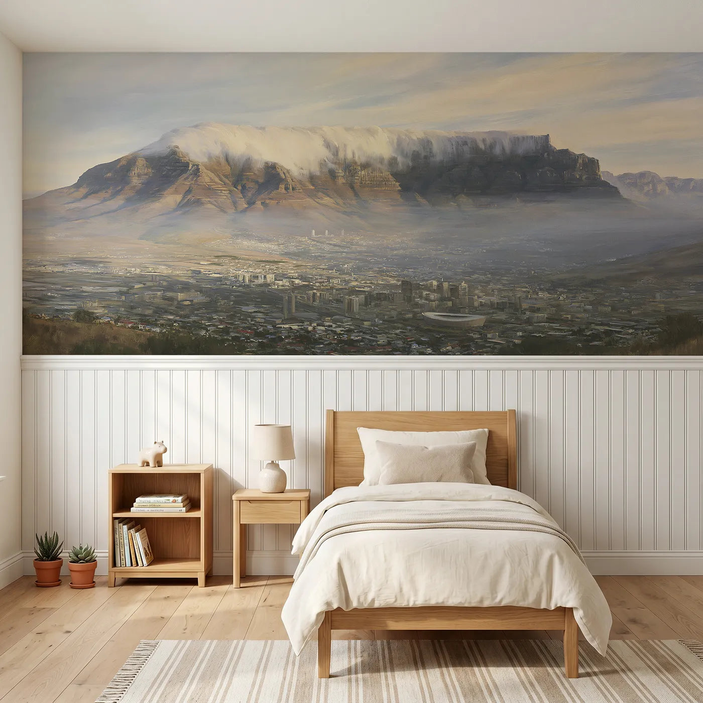 Watercolor wainscoting wallpaper of cloud rolling over a flat mountain by Whimsy Tots