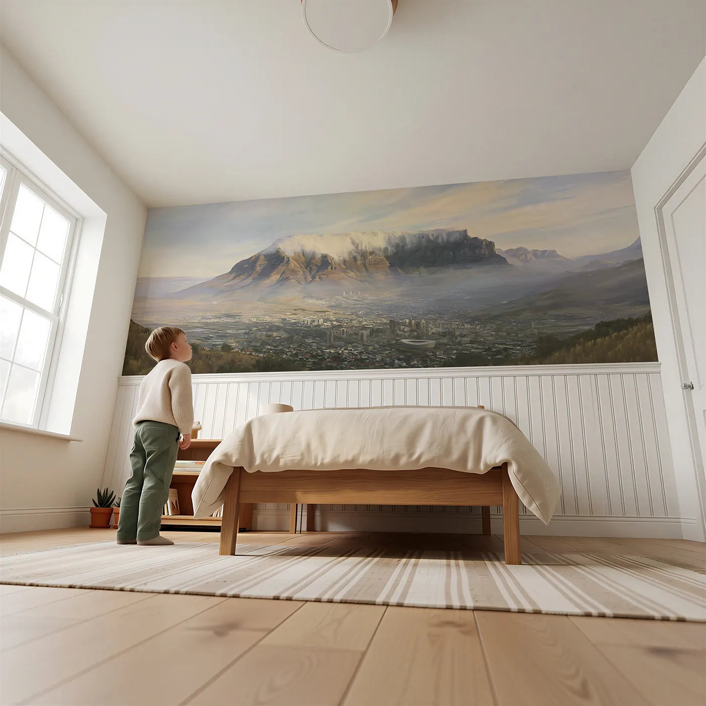 Child reading near Cloud Tablecloth Rolling Over Wainscoting Wallpaper by Whimsy Tots