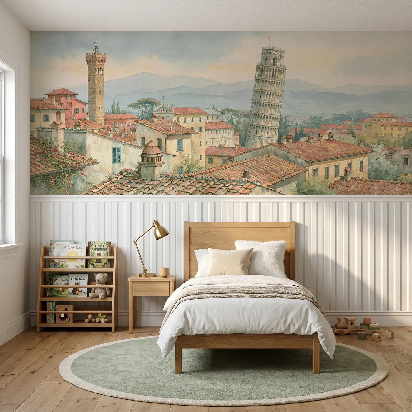 Storybook wainscoting wallpaper of a tower among village rooftops by Whimsy Tots