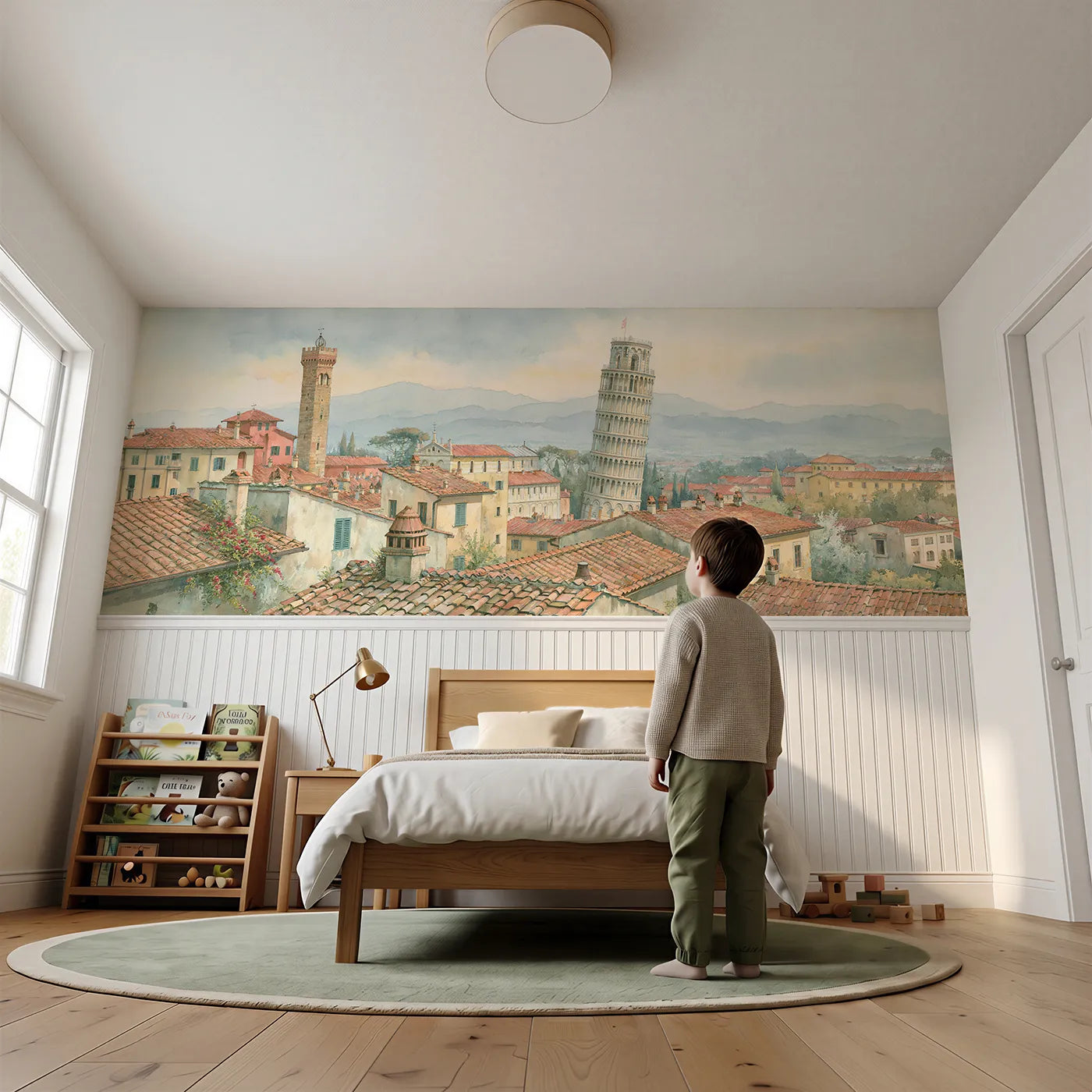 Child reading near Tower Among The Rooftops Wainscoting Wallpaper by Whimsy Tots