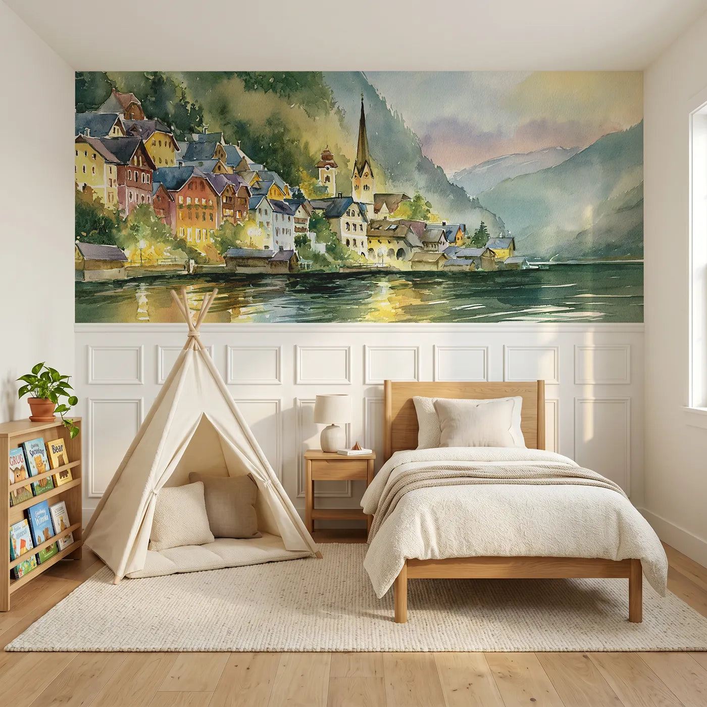 Watercolor wainscoting wallpaper of steep village roofs at dusk by Whimsy Tots