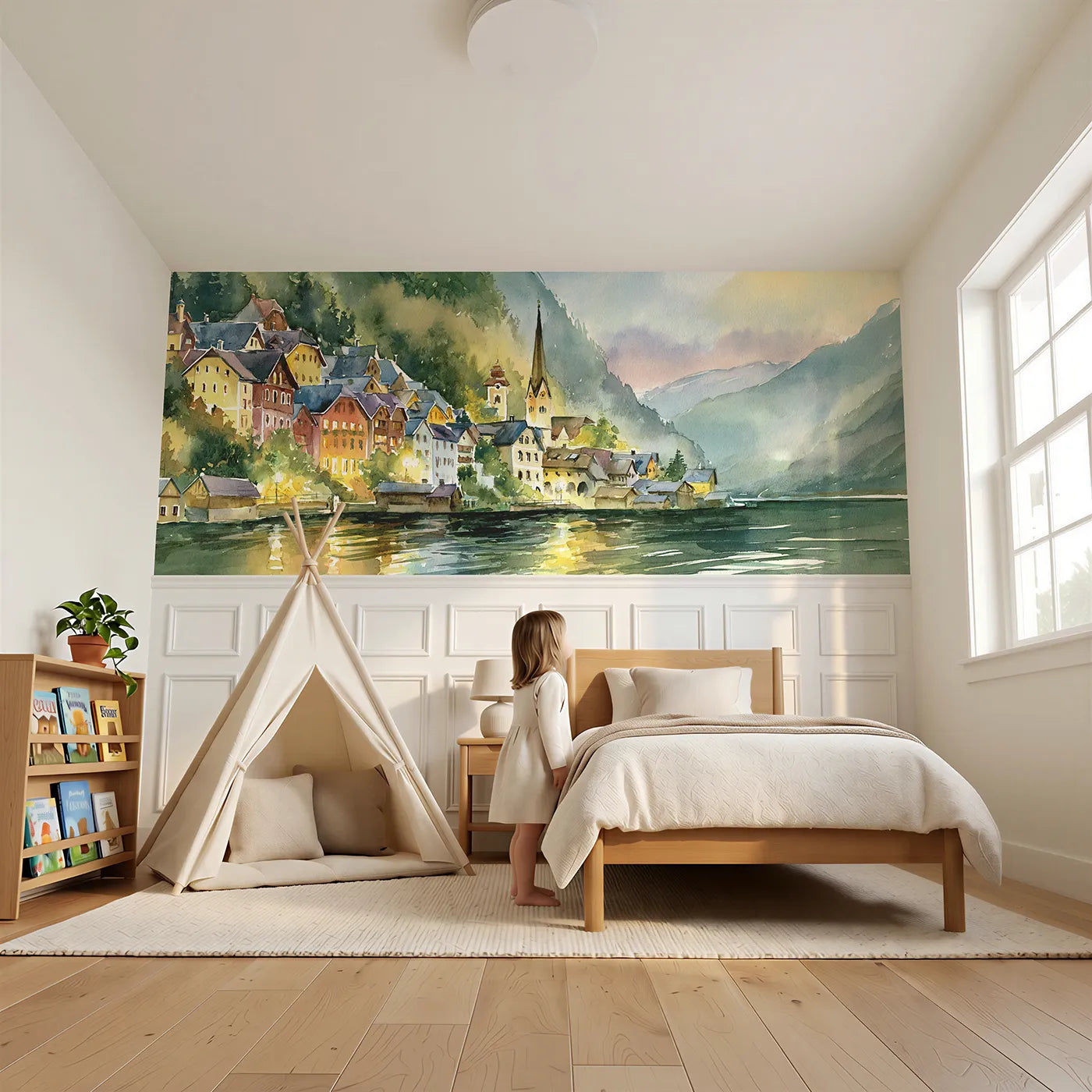 Child reading near Hallstatt Rooftops At Dusk Wainscoting Wallpaper by Whimsy Tots