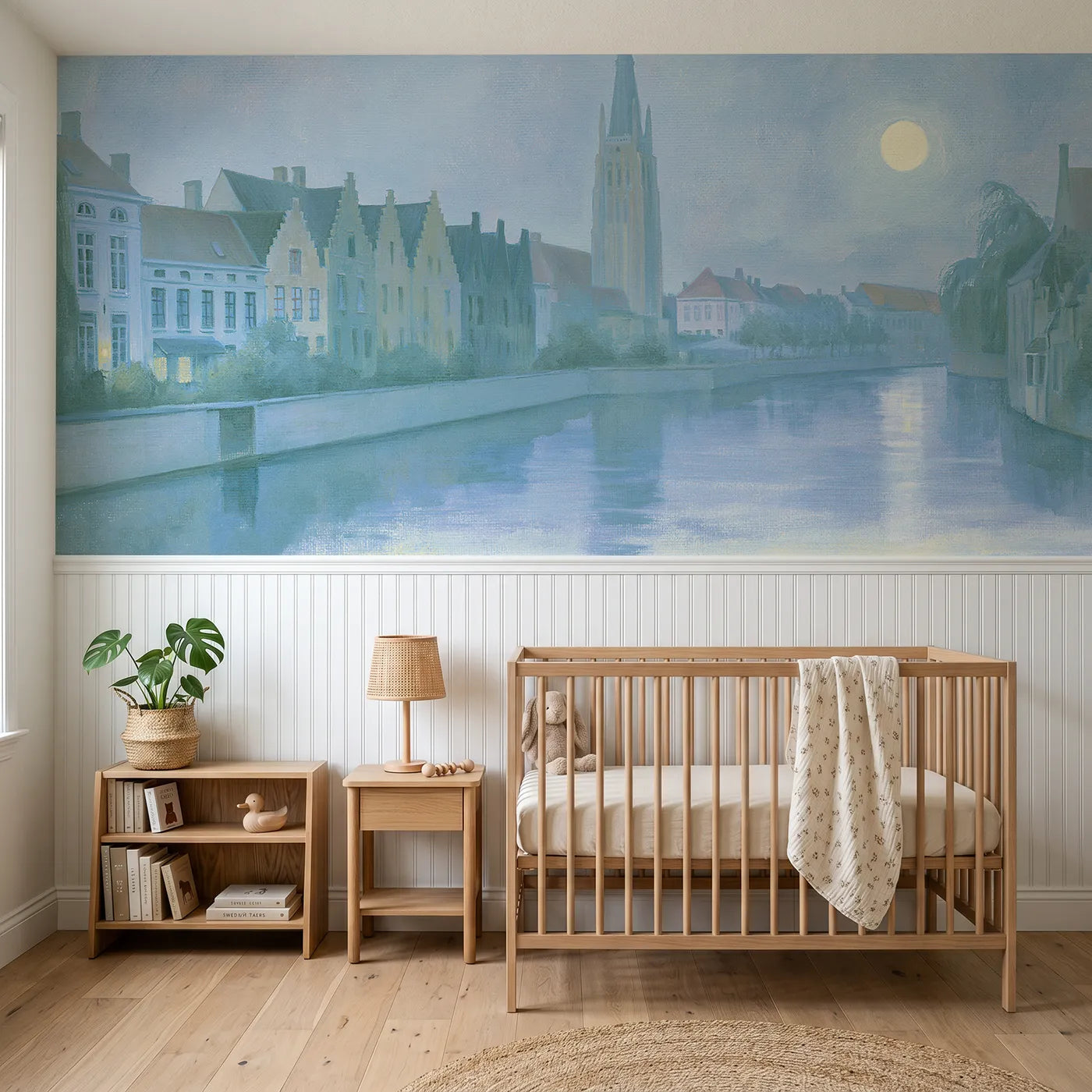 Soft pastel wainscoting wallpaper of the Bruges belfry at moonrise by Whimsy Tots