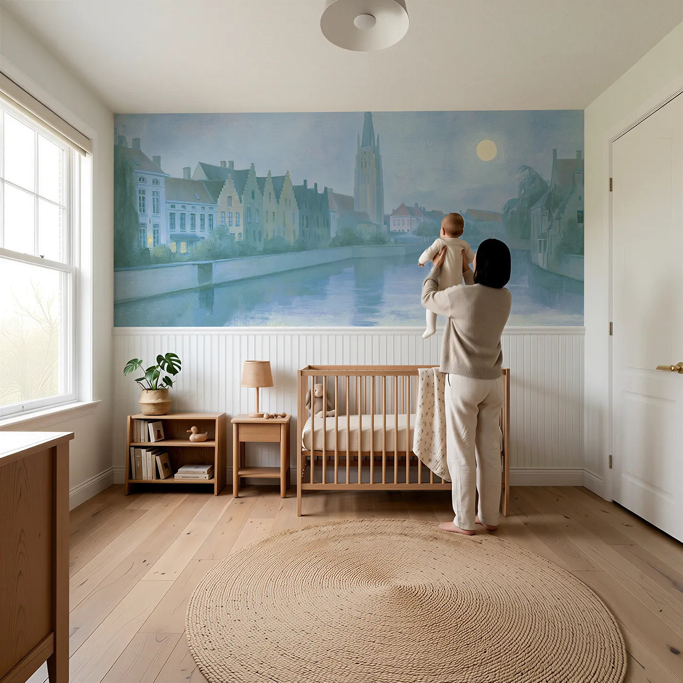 Child reading near Bruges Tower At Moonrise Wainscoting Wallpaper by Whimsy Tots