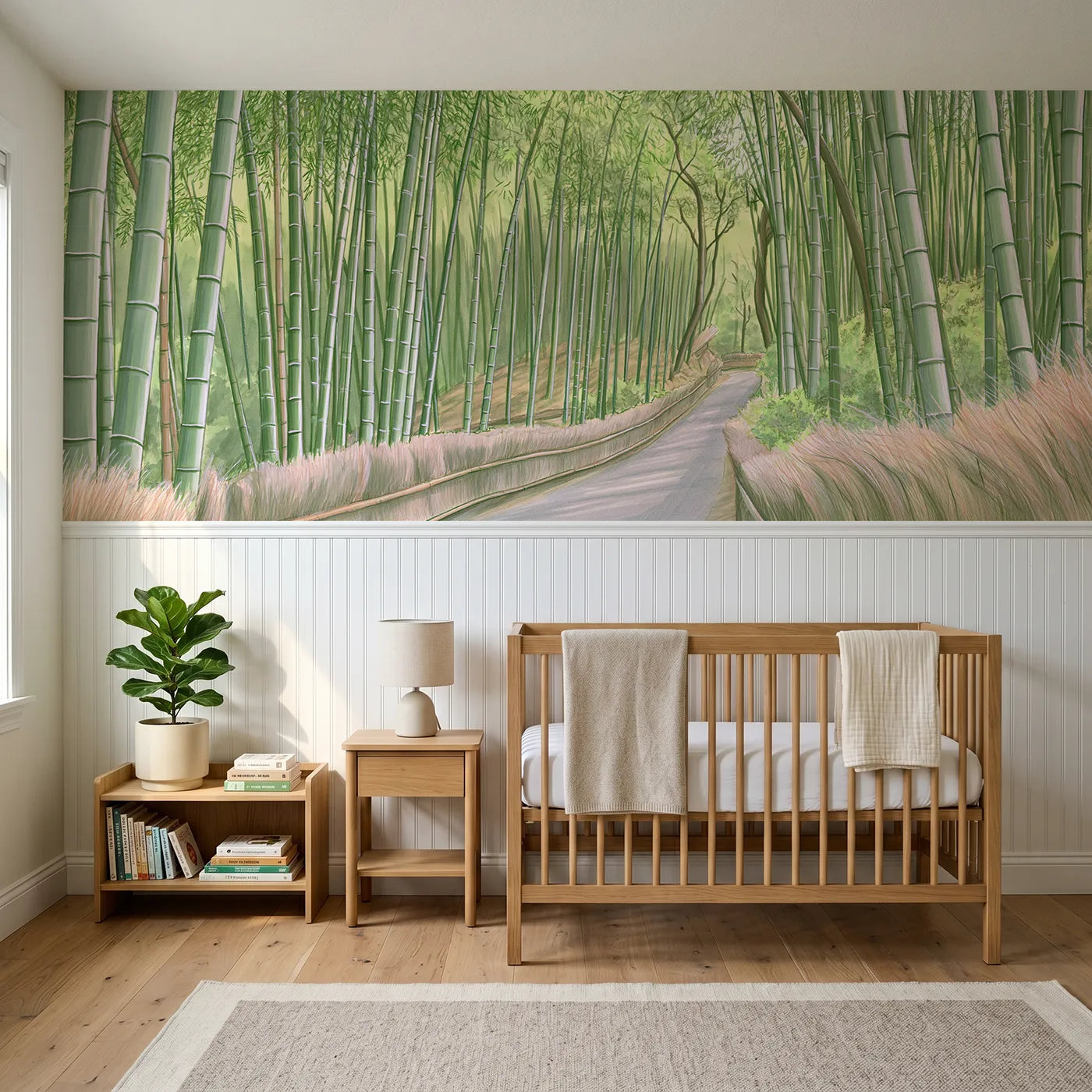 Colored pencil wainscoting mural of green light in a bamboo grove by Whimsy Tots
