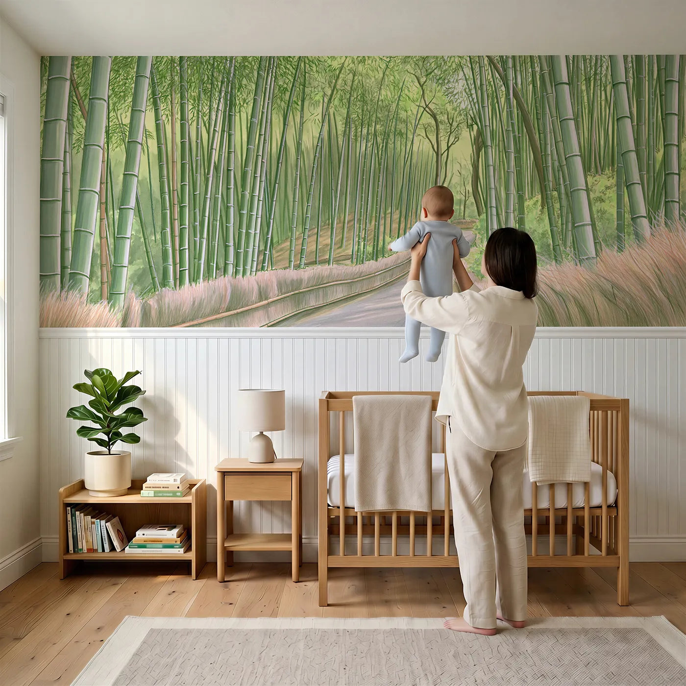 Child reading near Bamboo Grove Green Light Wainscoting Wallpaper by Whimsy Tots