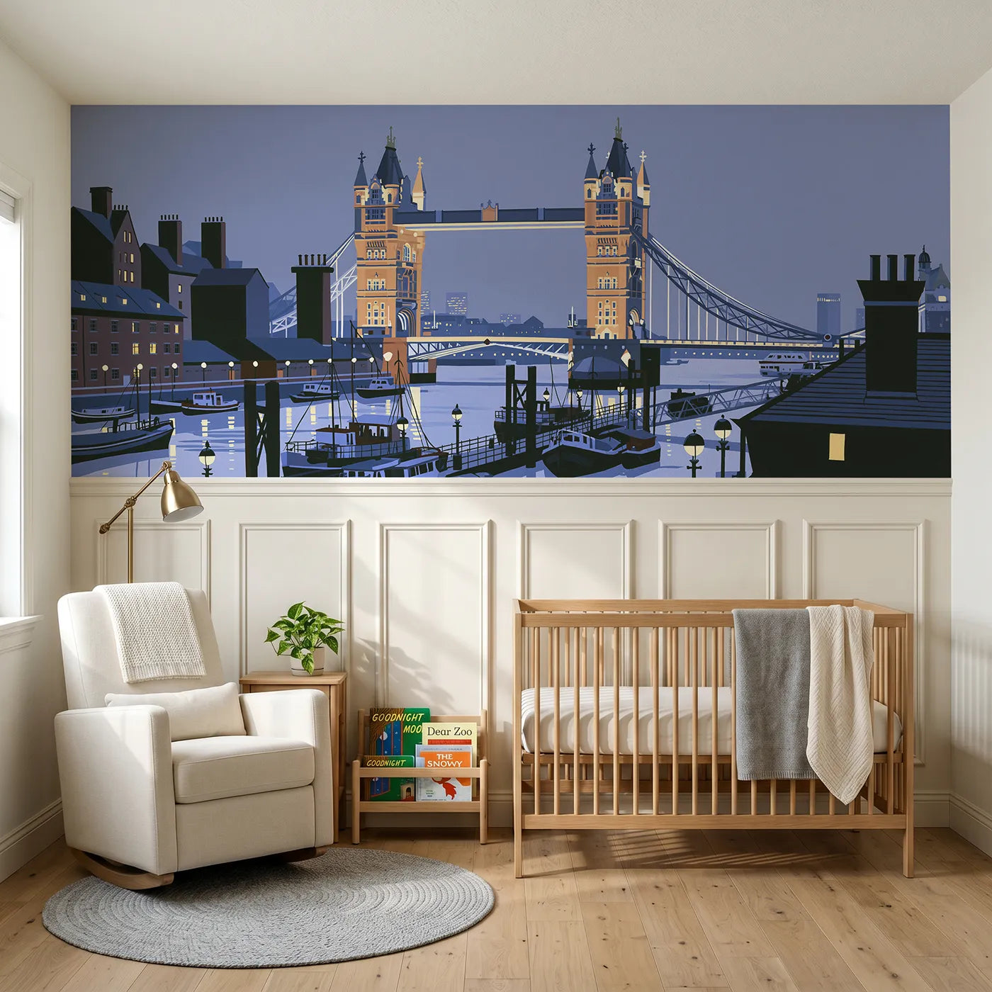 Modern illustration wainscoting wallpaper of lit bridge towers at dusk by Whimsy Tots