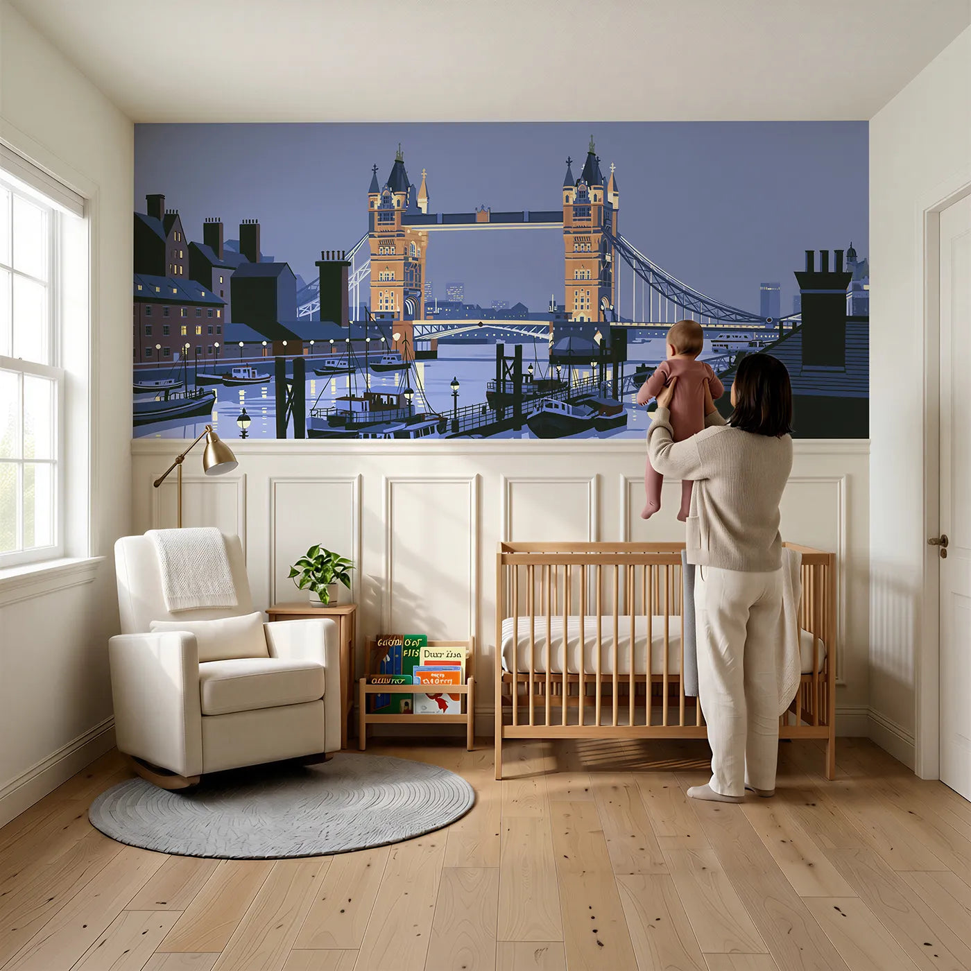 Child reading near Bridge Towers Lit Dusk Wainscoting Wallpaper by Whimsy Tots