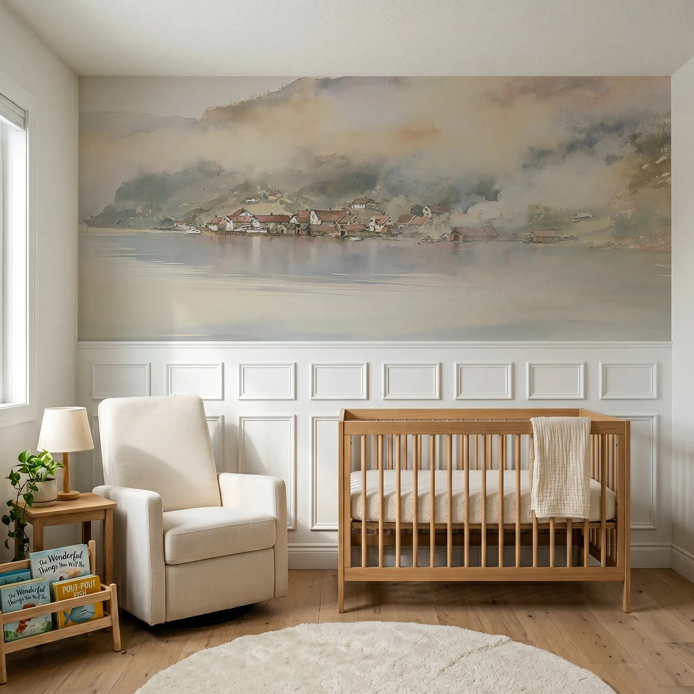 Watercolor wainscoting wallpaper of a misty fjord village morning by Whimsy Tots