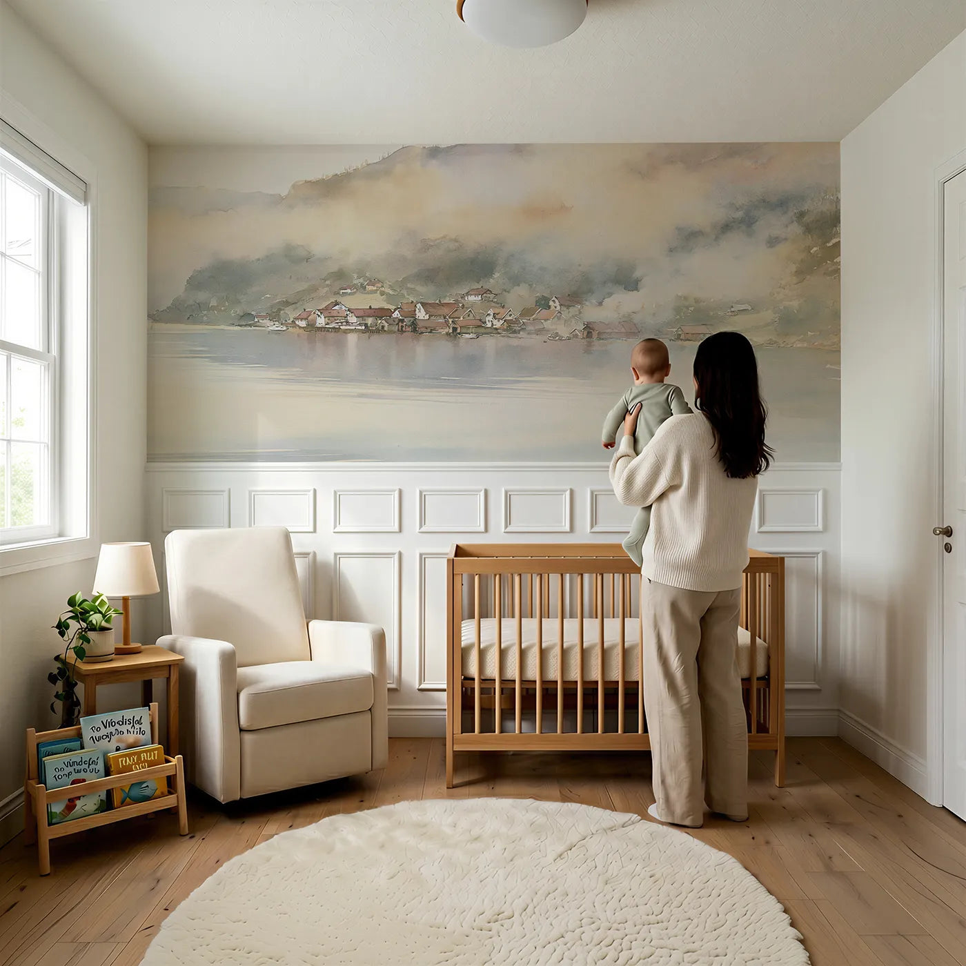 Child reading near Fjord Village Misty Morning Wainscoting Wallpaper by Whimsy Tots