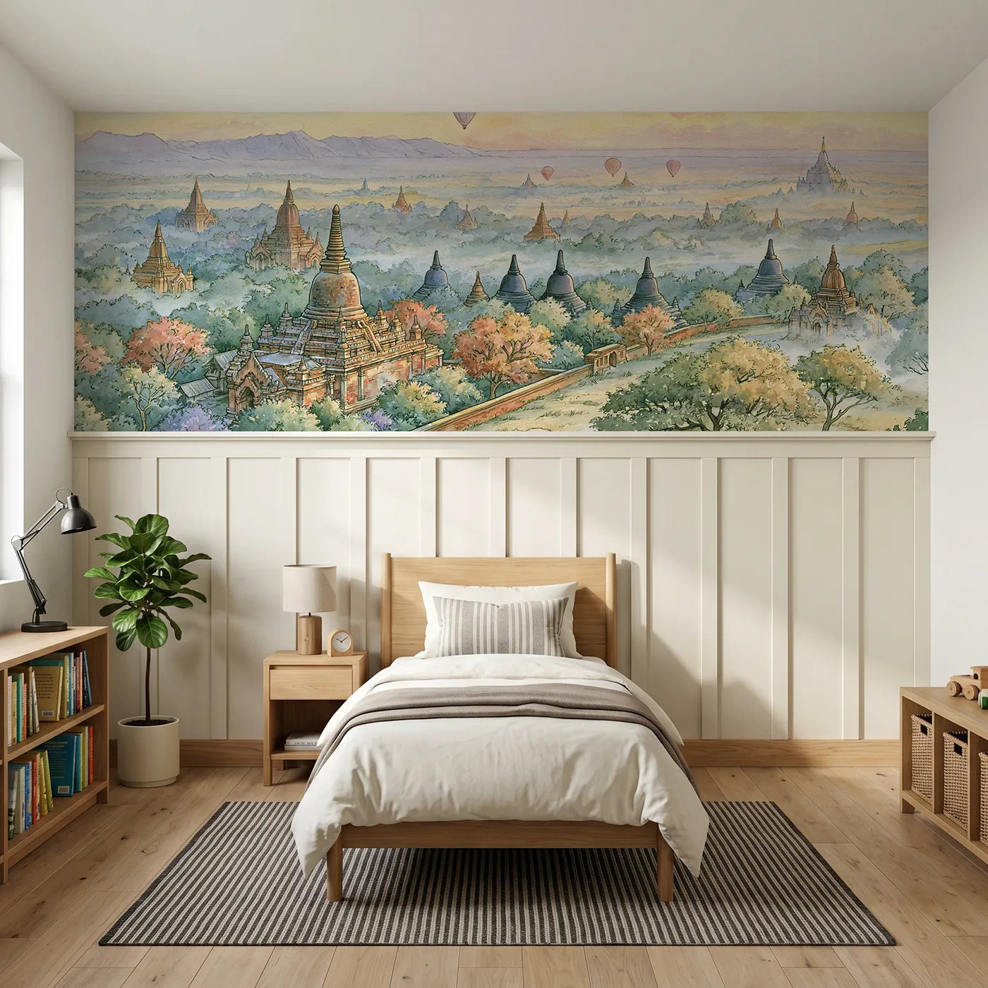 Storybook wainscoting wallpaper of a thousand spires in dawn haze by Whimsy Tots