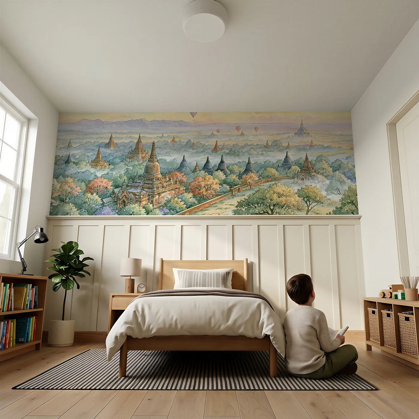Child reading near Bagan Spires Dawn Haze Wainscoting Wallpaper by Whimsy Tots