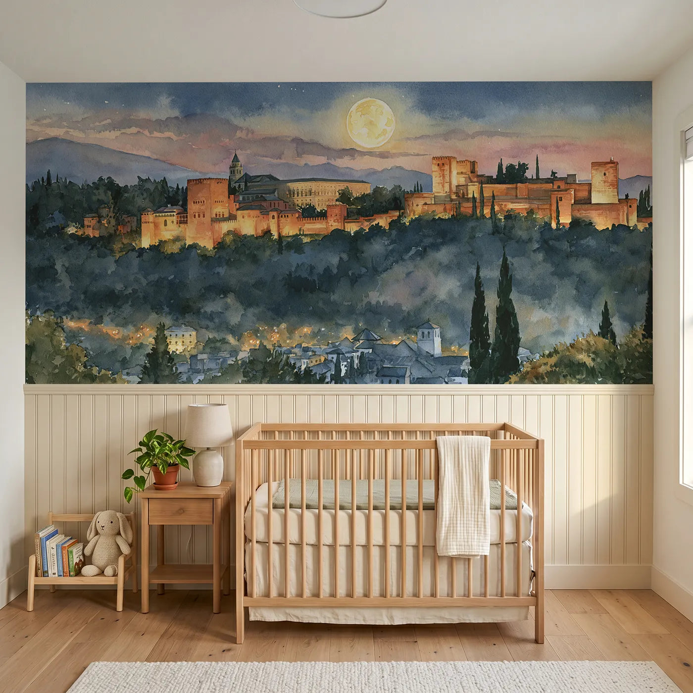 Watercolor wainscoting wallpaper of the Alhambra at moonrise by Whimsy Tots