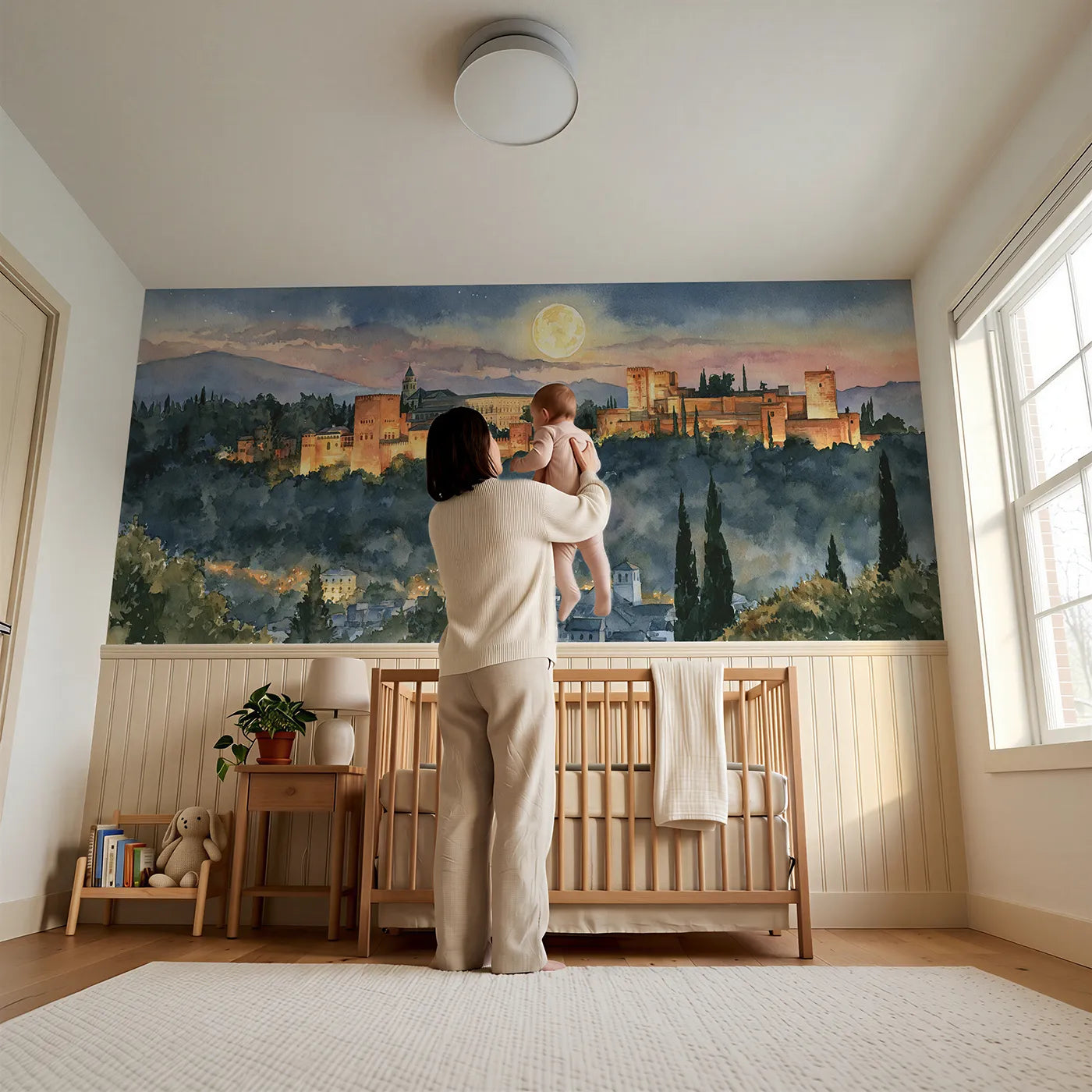 Child reading near Alhambra At Moonrise Wainscoting Wallpaper by Whimsy Tots