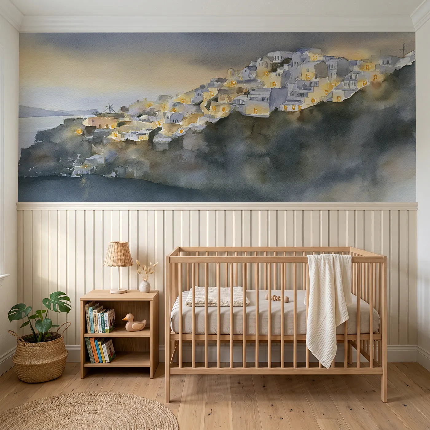 Watercolor wainscoting wallpaper of warm windows at hillside dusk by Whimsy Tots