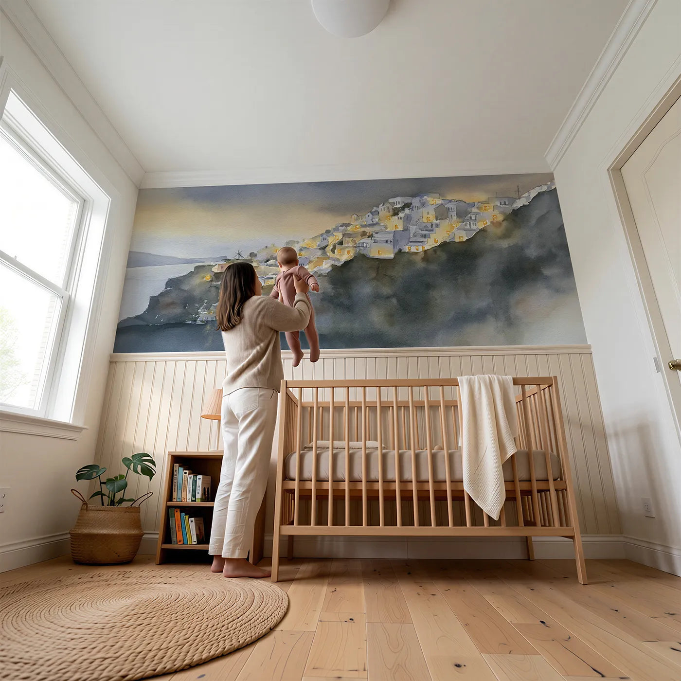 Child reading near Warm Windows At Dusk Wainscoting Wallpaper by Whimsy Tots