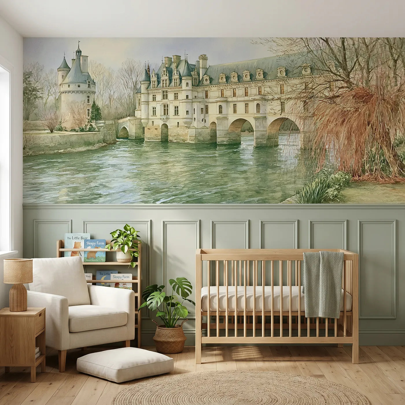 Storybook wainscoting wallpaper of a chateau spanning a slow river by Whimsy Tots