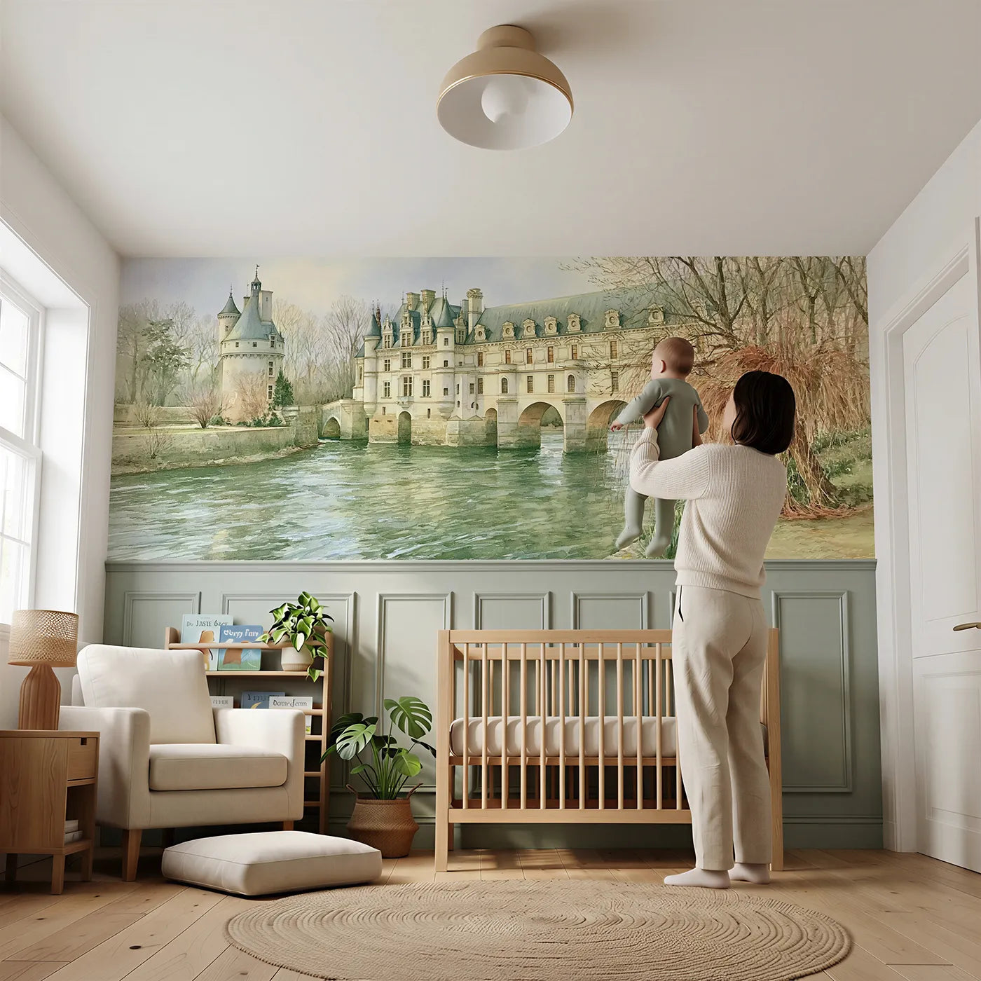 Child reading near Chateau Spanning The River Wainscoting Wallpaper by Whimsy Tots