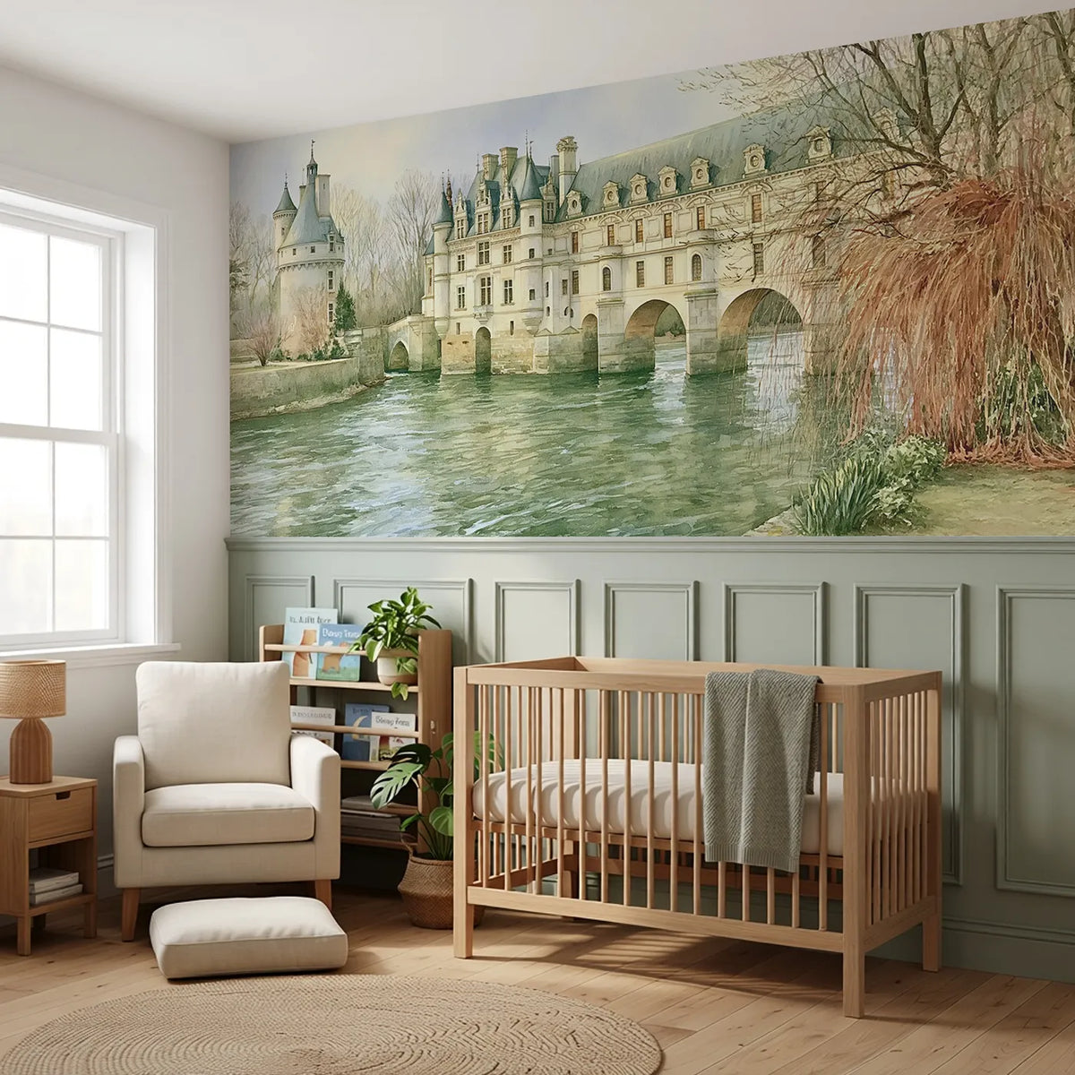 Chateau Spanning The River Wainscoting Wallpaper styled in a kids room by Whimsy Tots