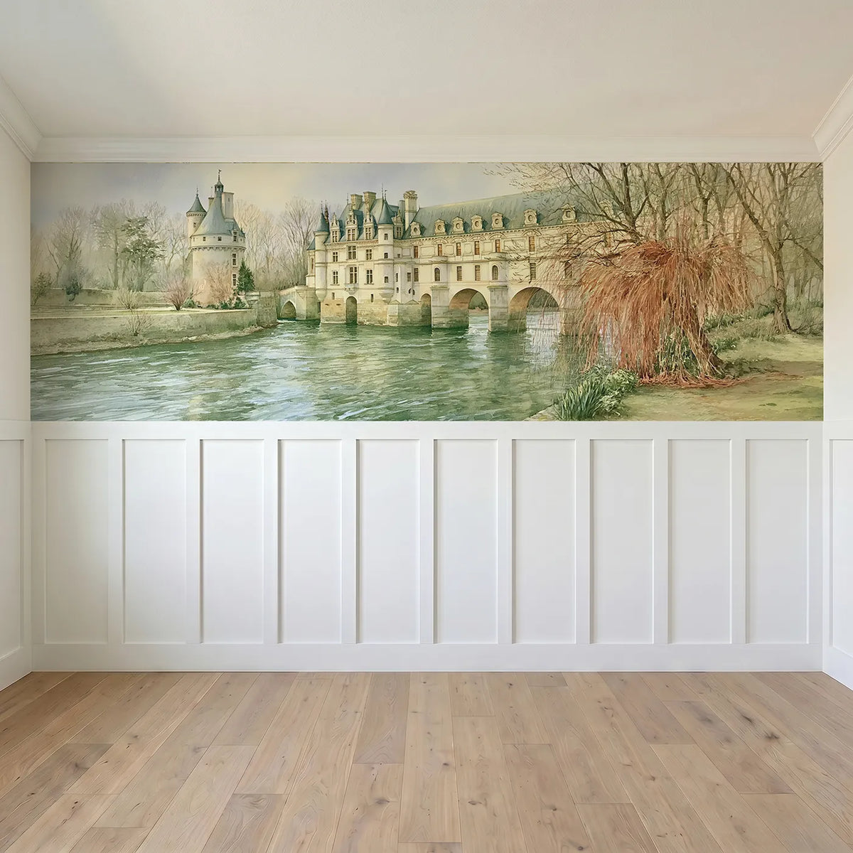 Full panel view of Chateau Spanning The River Wainscoting Wallpaper by Whimsy Tots