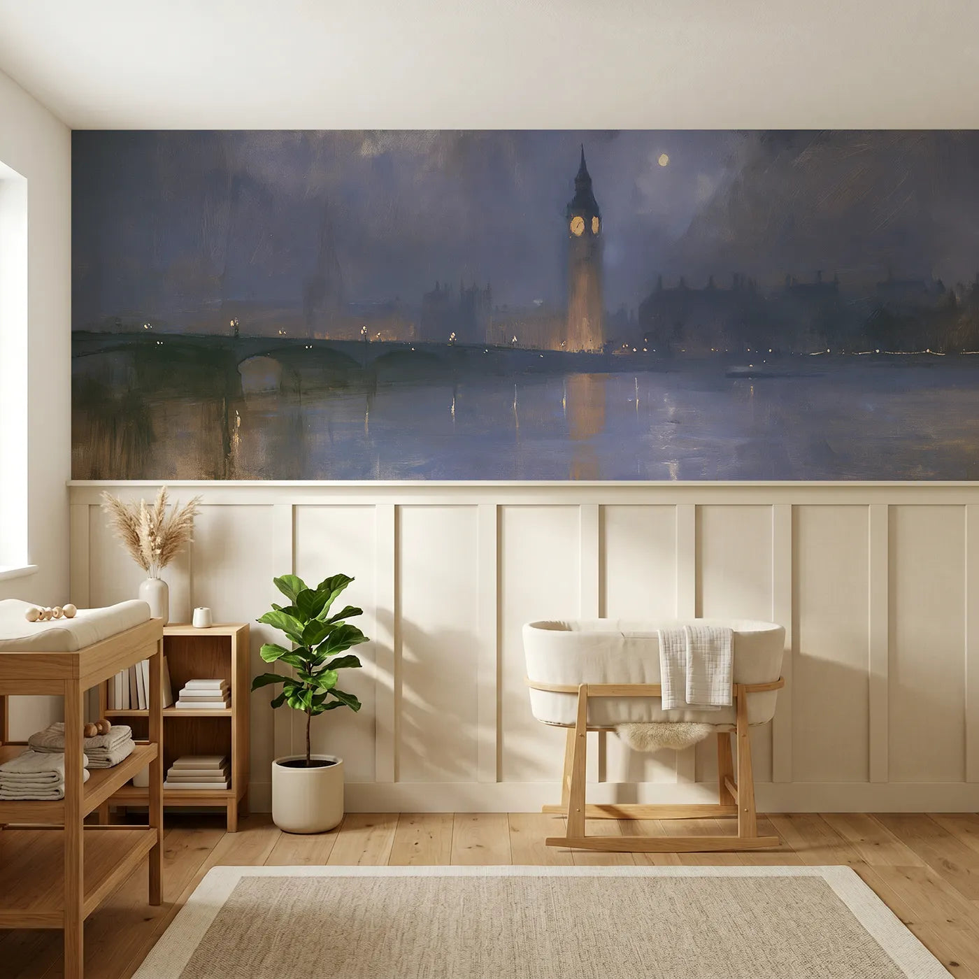 Watercolor wainscoting wallpaper of Big Ben meeting the moonrise by Whimsy Tots