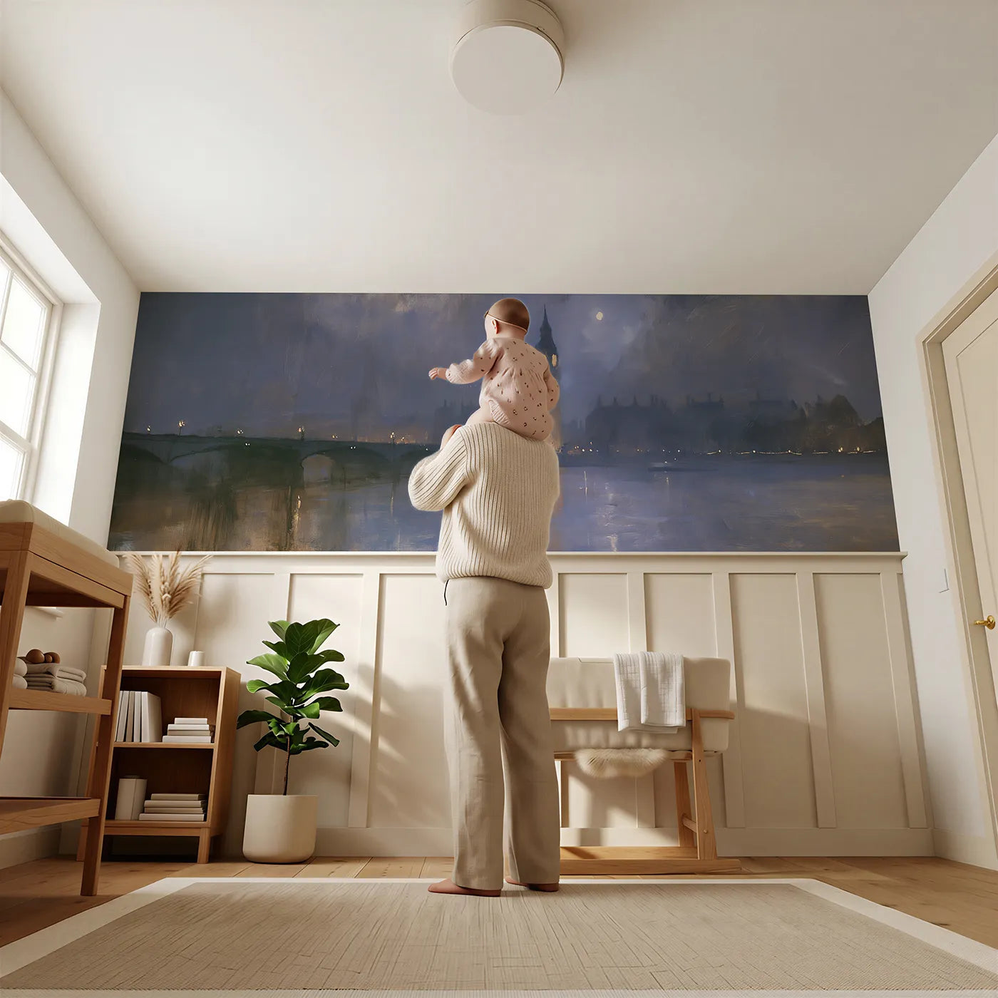Child reading near Big Ben At Moonrise Wainscoting Wallpaper by Whimsy Tots