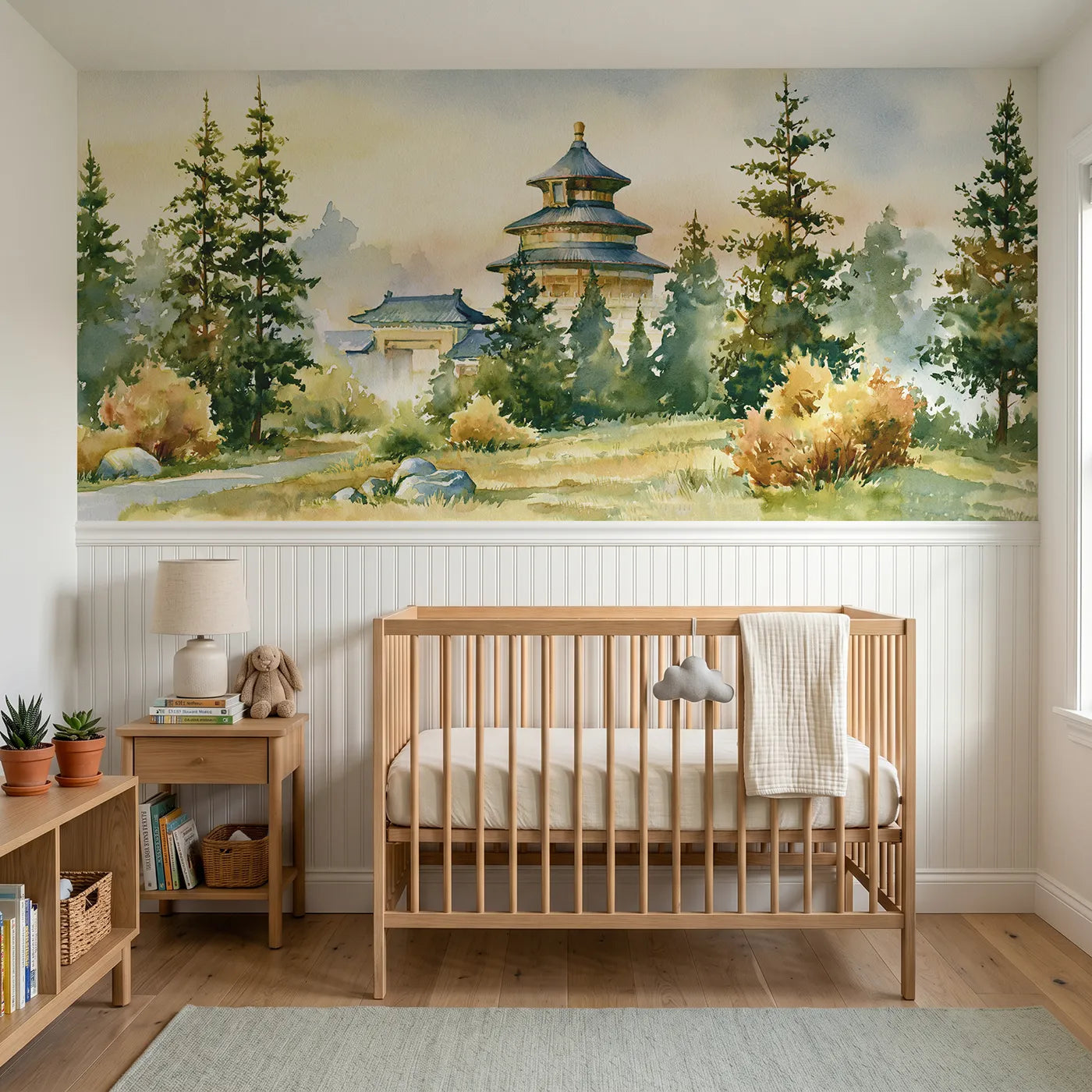 Watercolor wainscoting wallpaper of blue palace roofs in a park by Whimsy Tots