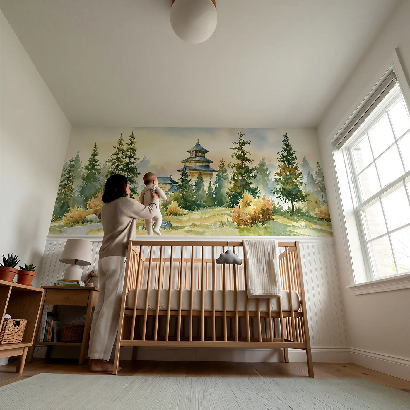 Child reading near Blue Roofs In Park Wainscoting Wallpaper by Whimsy Tots