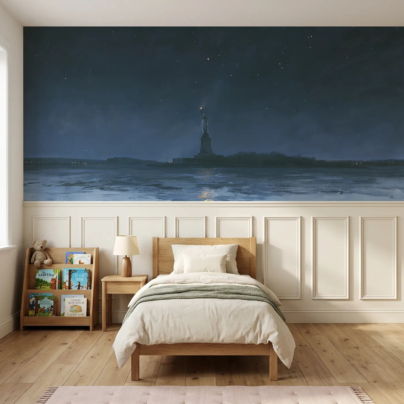 Watercolor wainscoting wallpaper of Liberty under quiet stars by Whimsy Tots