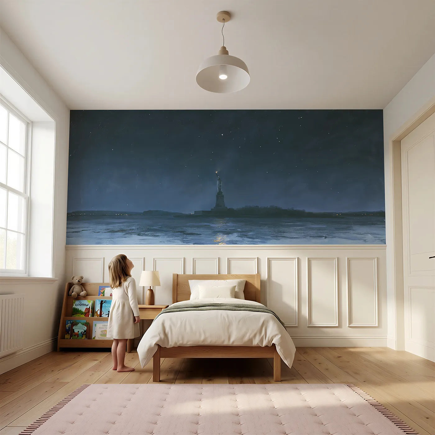 Child reading near Liberty Under Quiet Stars Wainscoting Wallpaper by Whimsy Tots