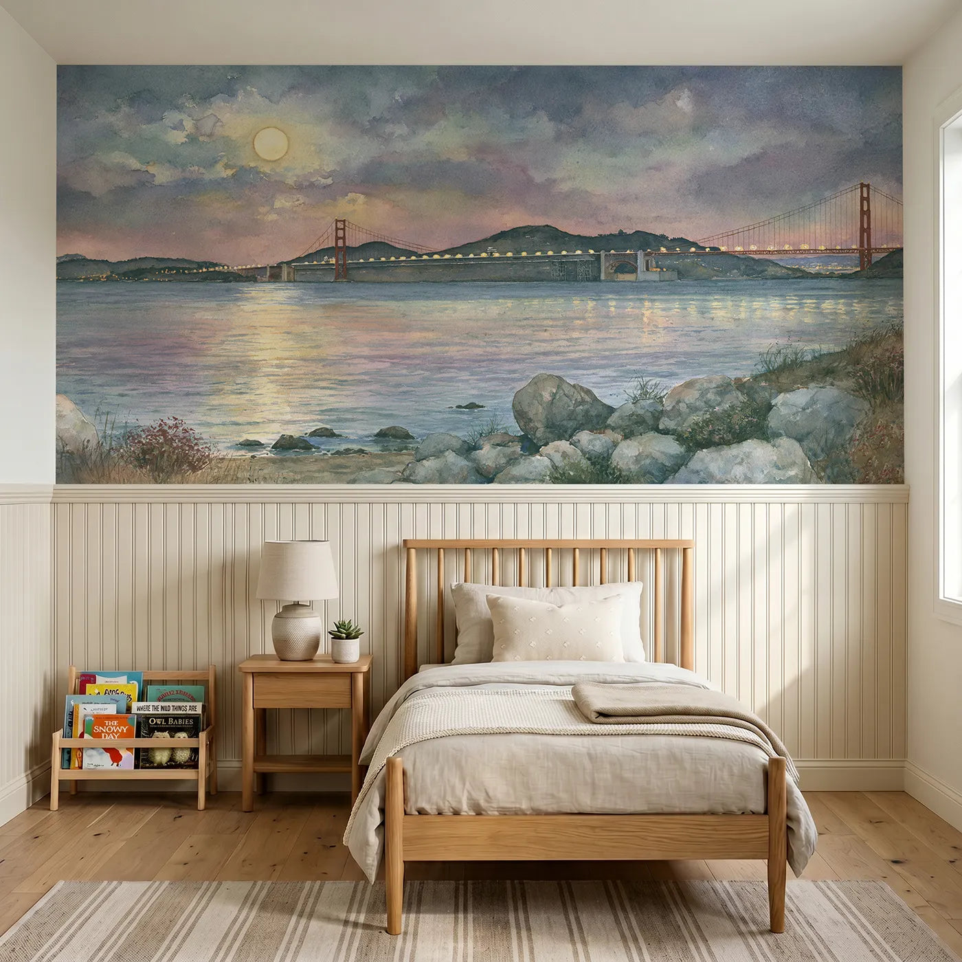 Storybook wainscoting wallpaper of a great bridge rising from the bay by Whimsy Tots