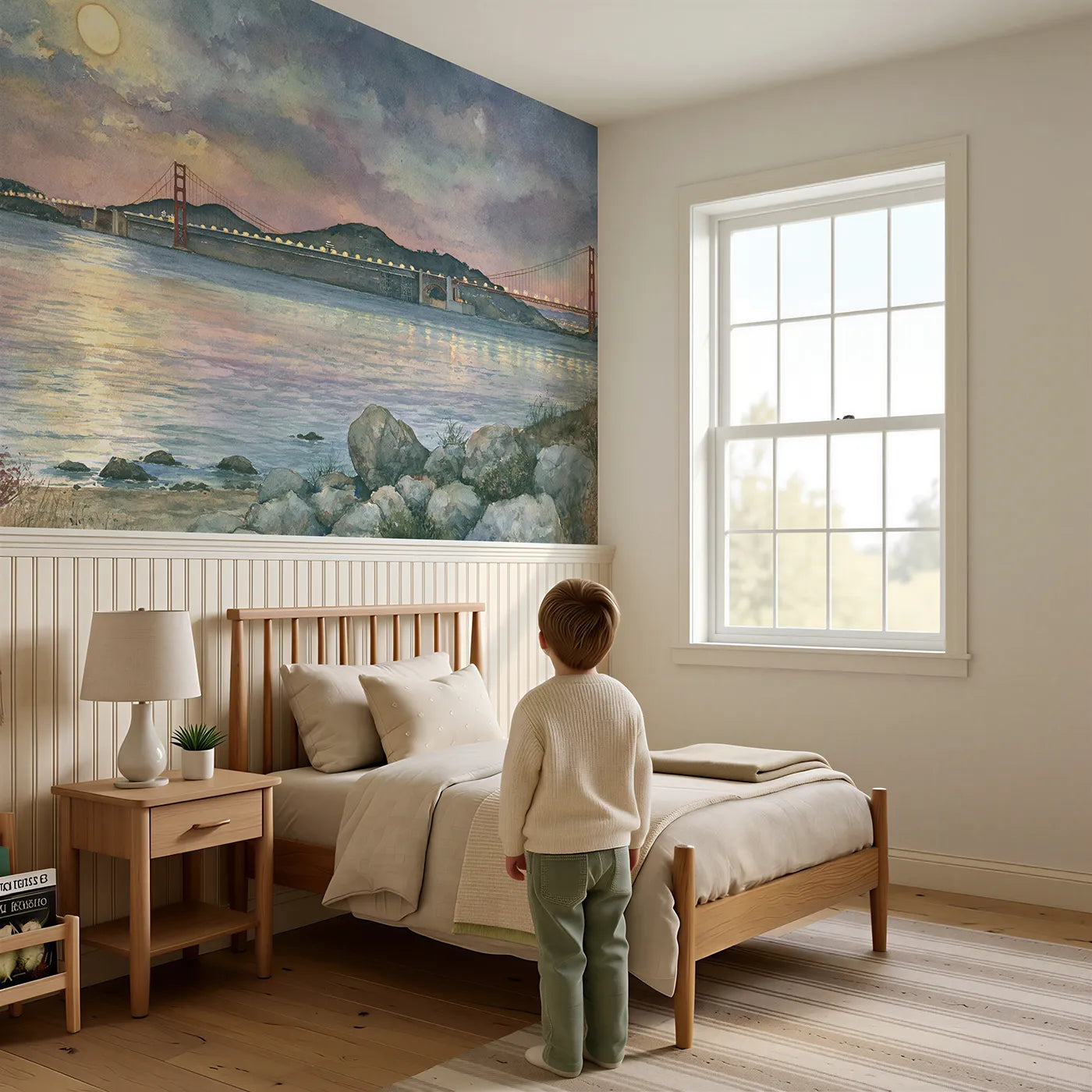 Child reading near Bridge From The Bay Wainscoting Wallpaper by Whimsy Tots