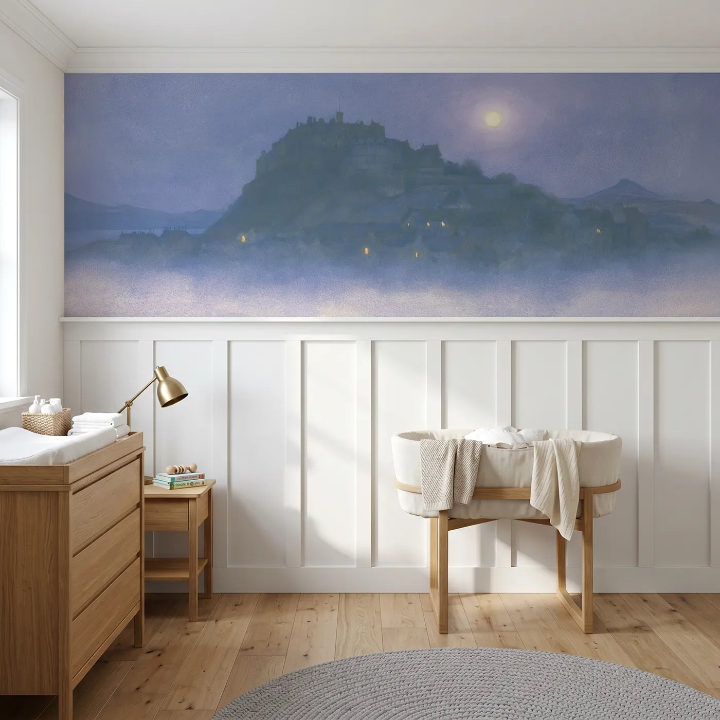 Soft pastel wainscoting wallpaper of a castle rock at moonrise by Whimsy Tots
