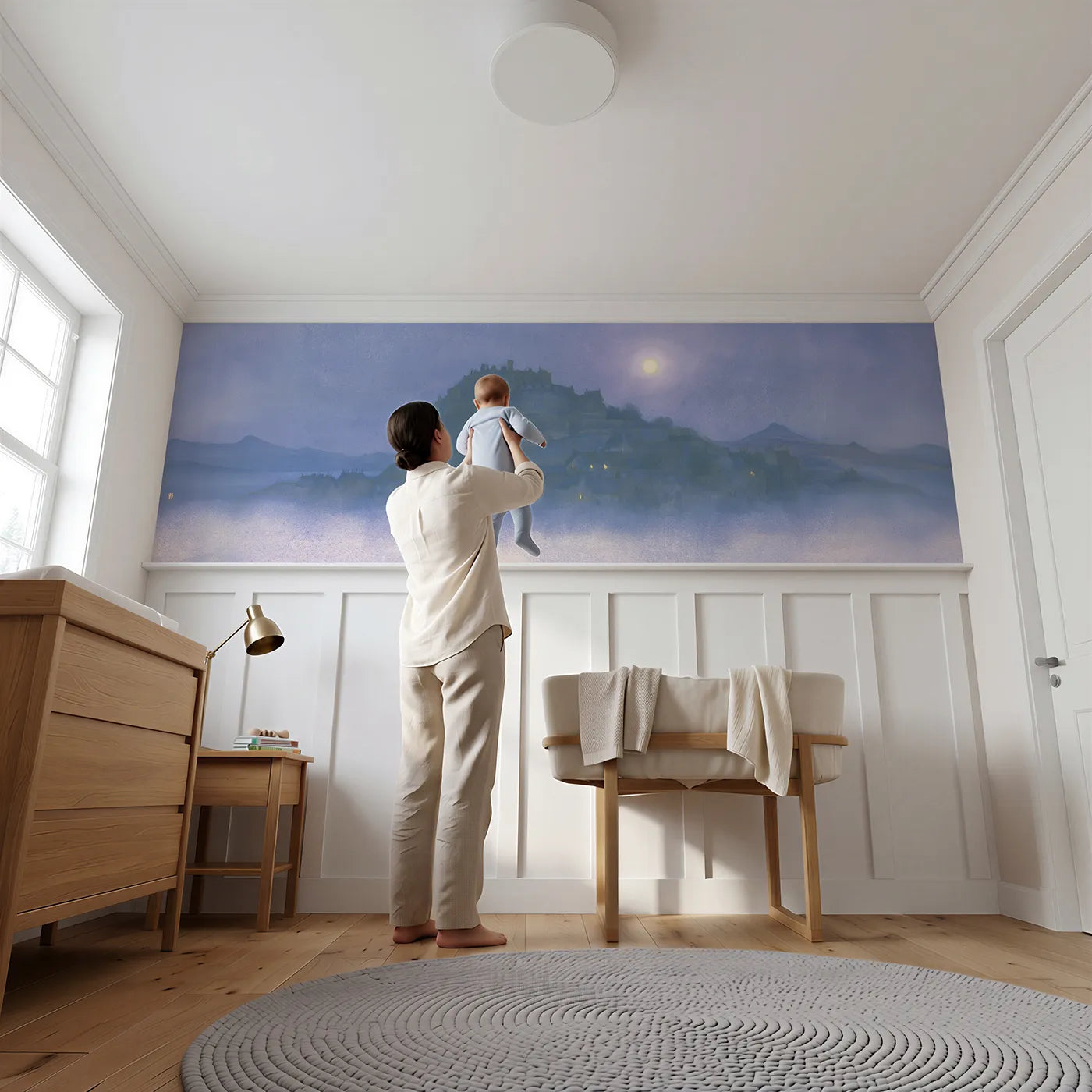 Child reading near Castle Rock At Moonrise Wainscoting Wallpaper by Whimsy Tots