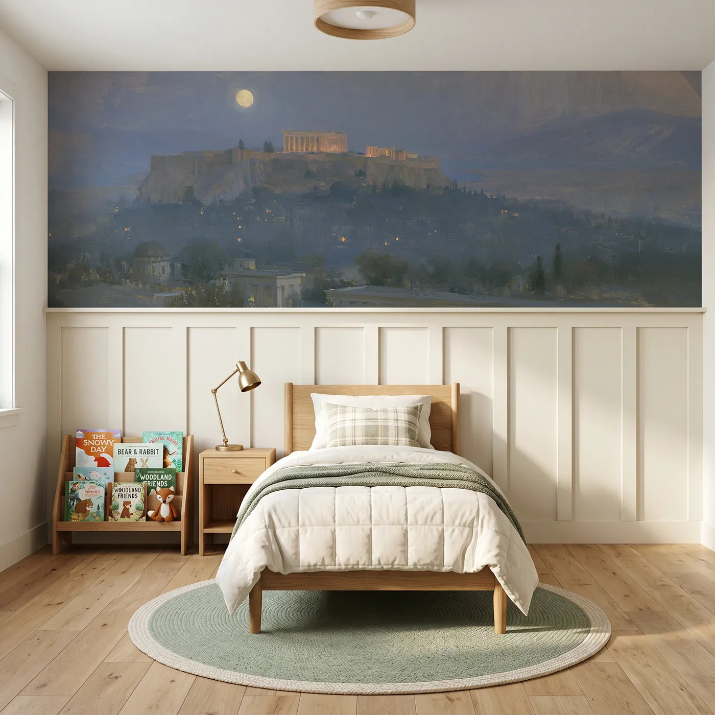 Watercolor wainscoting wallpaper of the Acropolis at moonrise by Whimsy Tots