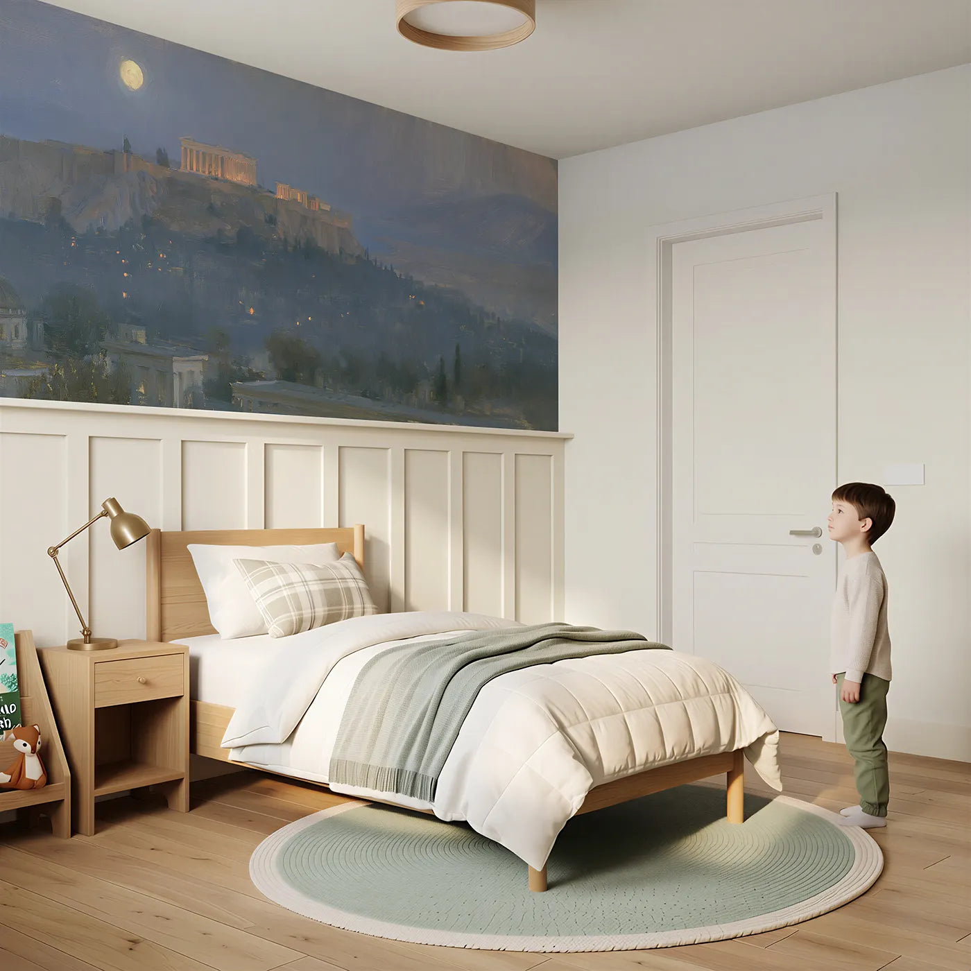 Child reading near Acropolis At Moonrise Wainscoting Wallpaper by Whimsy Tots