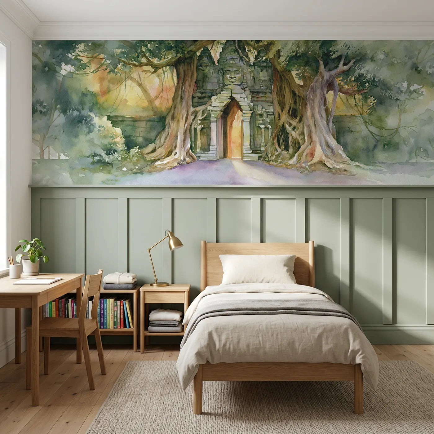 Watercolor wainscoting wallpaper of a carved gateway at dawn by Whimsy Tots