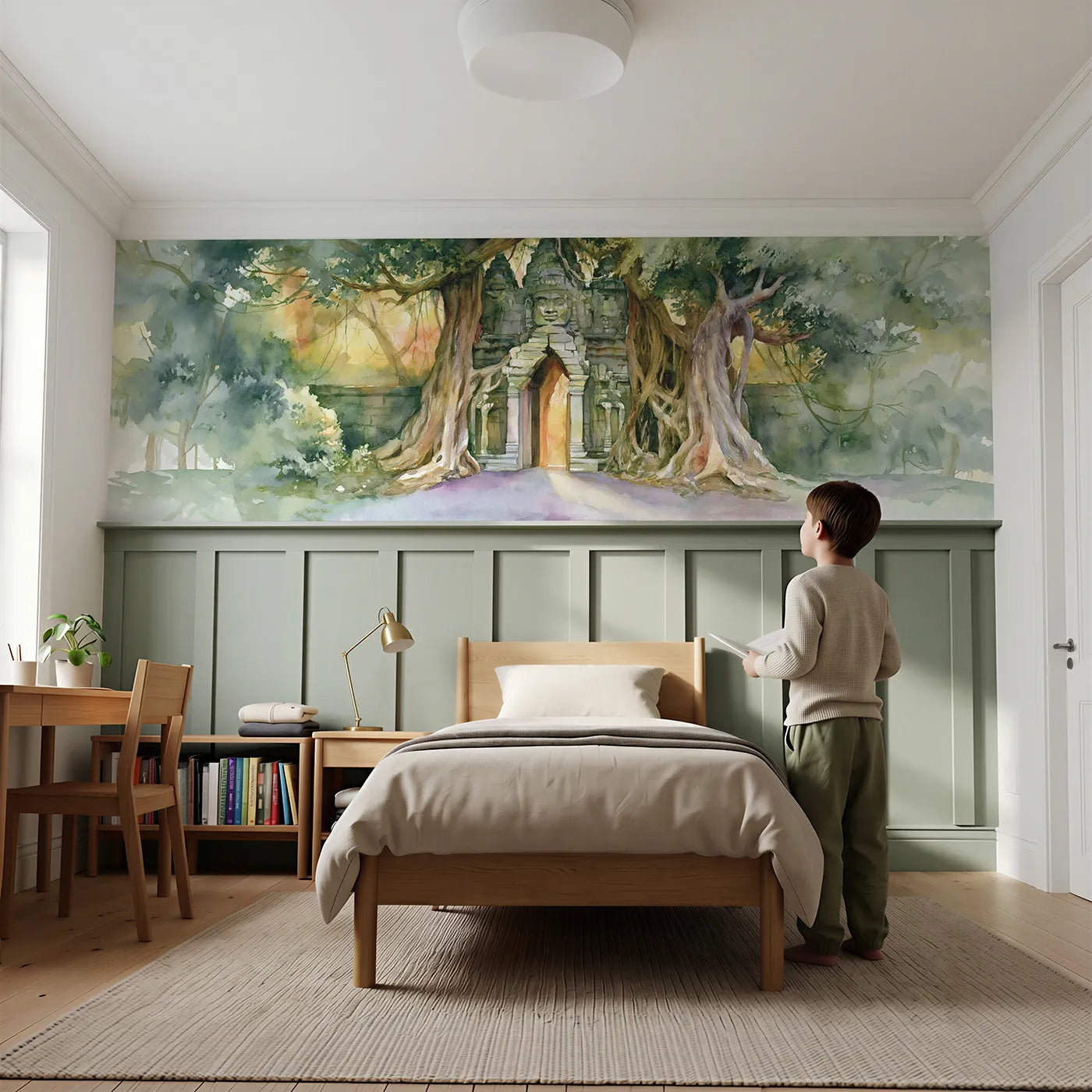 Child reading near Angkor Gateway At Dawn Wainscoting Wallpaper by Whimsy Tots