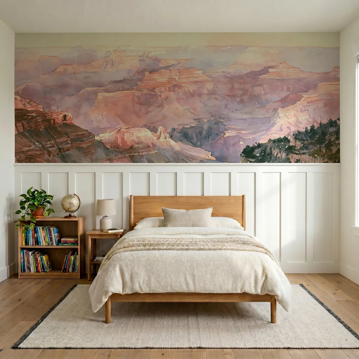 Watercolor wainscoting mural of canyon morning haze in layers by Whimsy Tots
