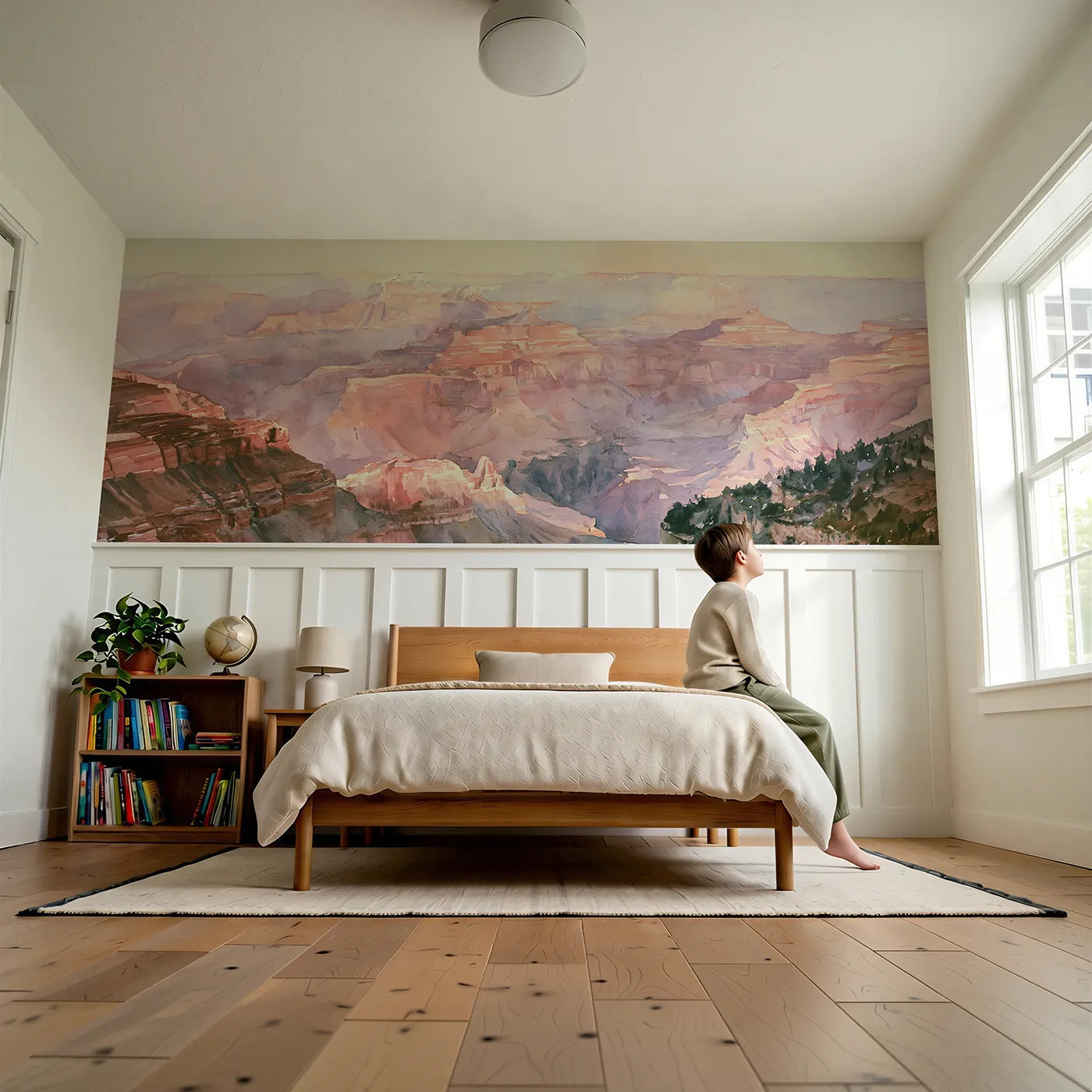 Child reading near Canyon Morning Haze Layers Wainscoting Wallpaper by Whimsy Tots