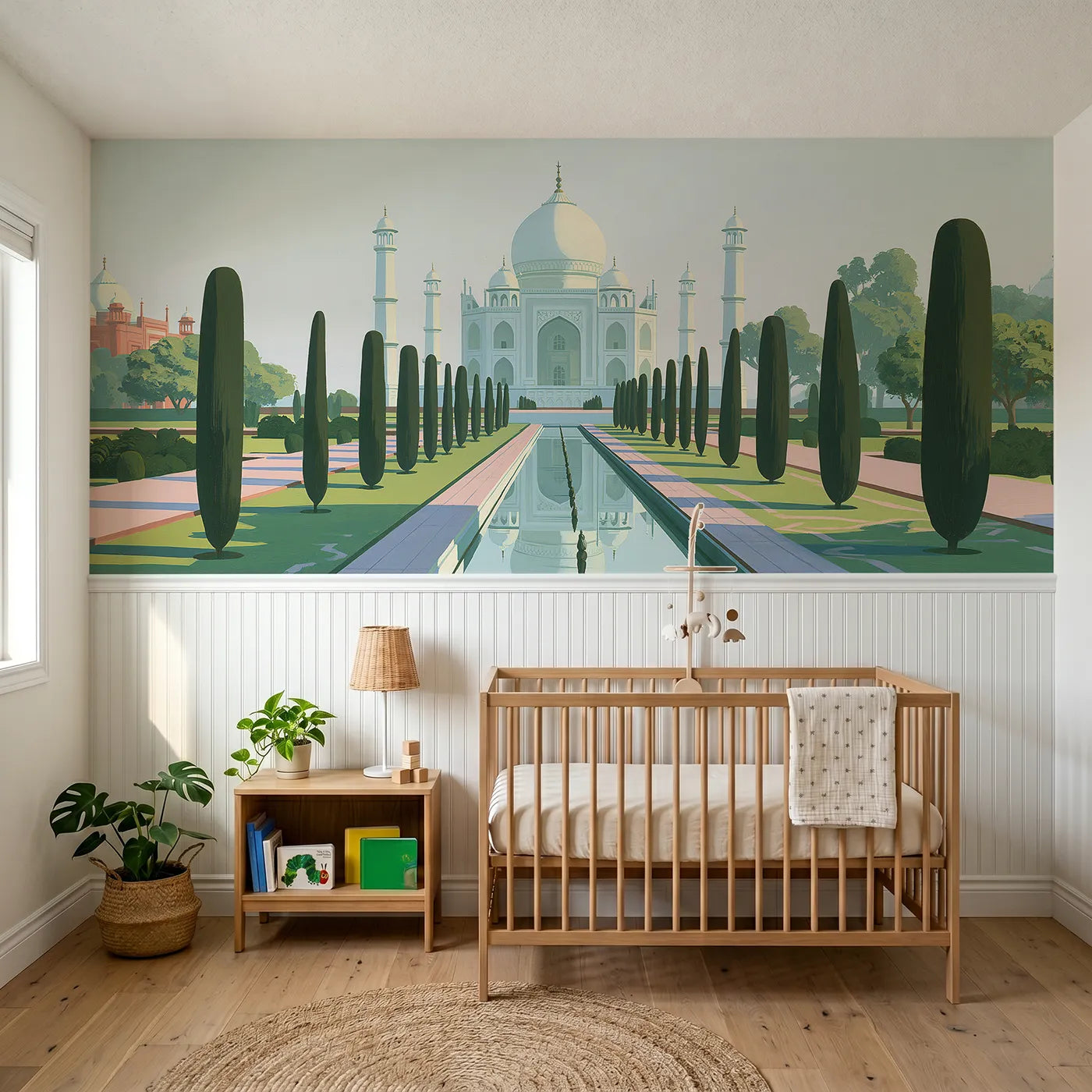 Modern illustration wainscoting wallpaper of white domes at midday by Whimsy Tots