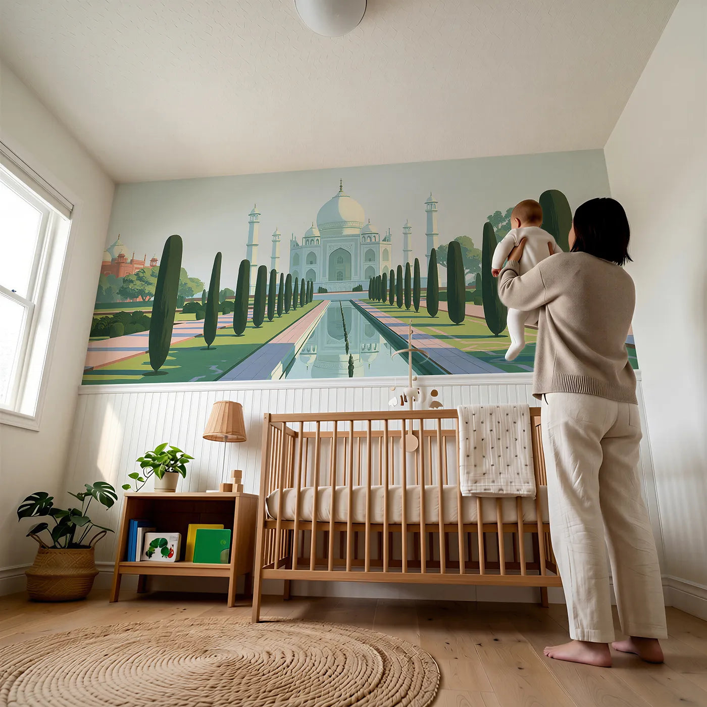 Child reading near Flat White Domes Midday Wainscoting Wallpaper by Whimsy Tots