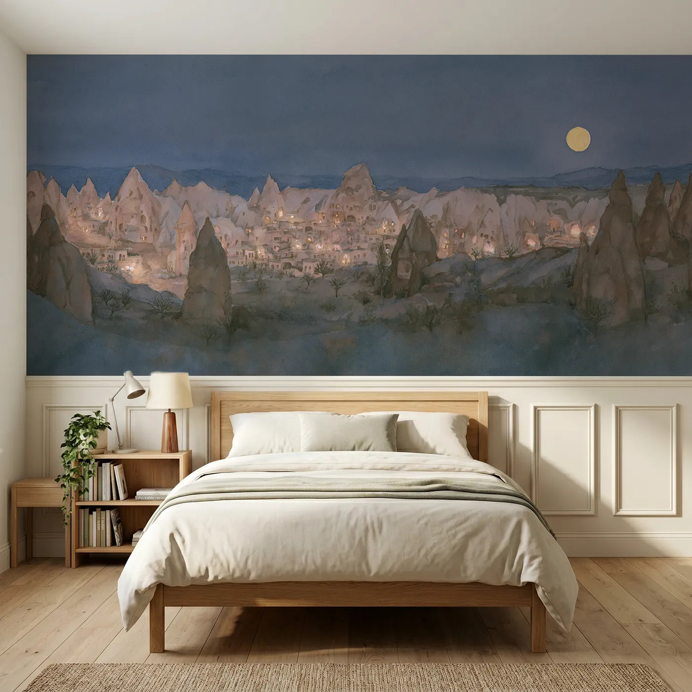 Watercolor wainscoting wallpaper of a fairy chimney valley at moonrise by Whimsy Tots